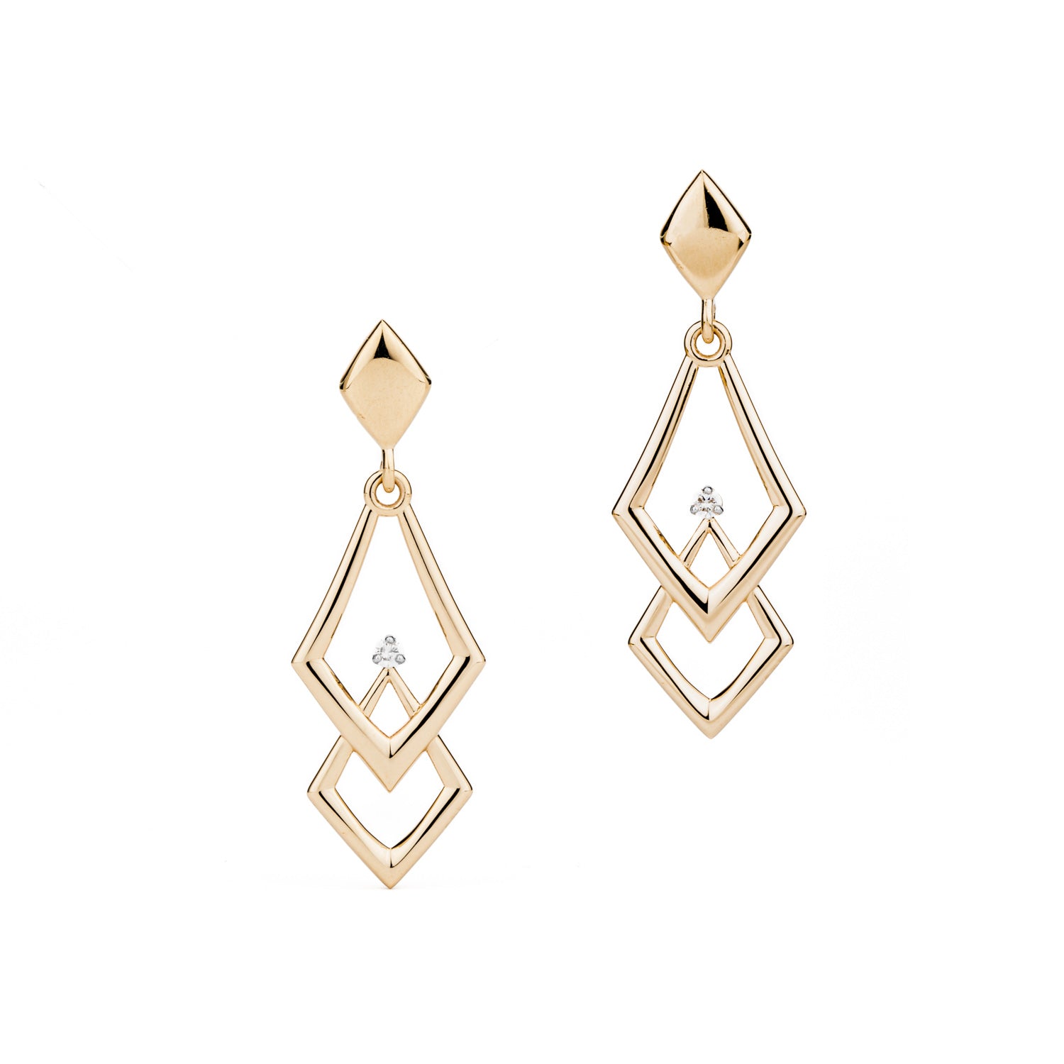Yellow gold chevron drop earrings with diamond accents and geometric open frame design with post backs