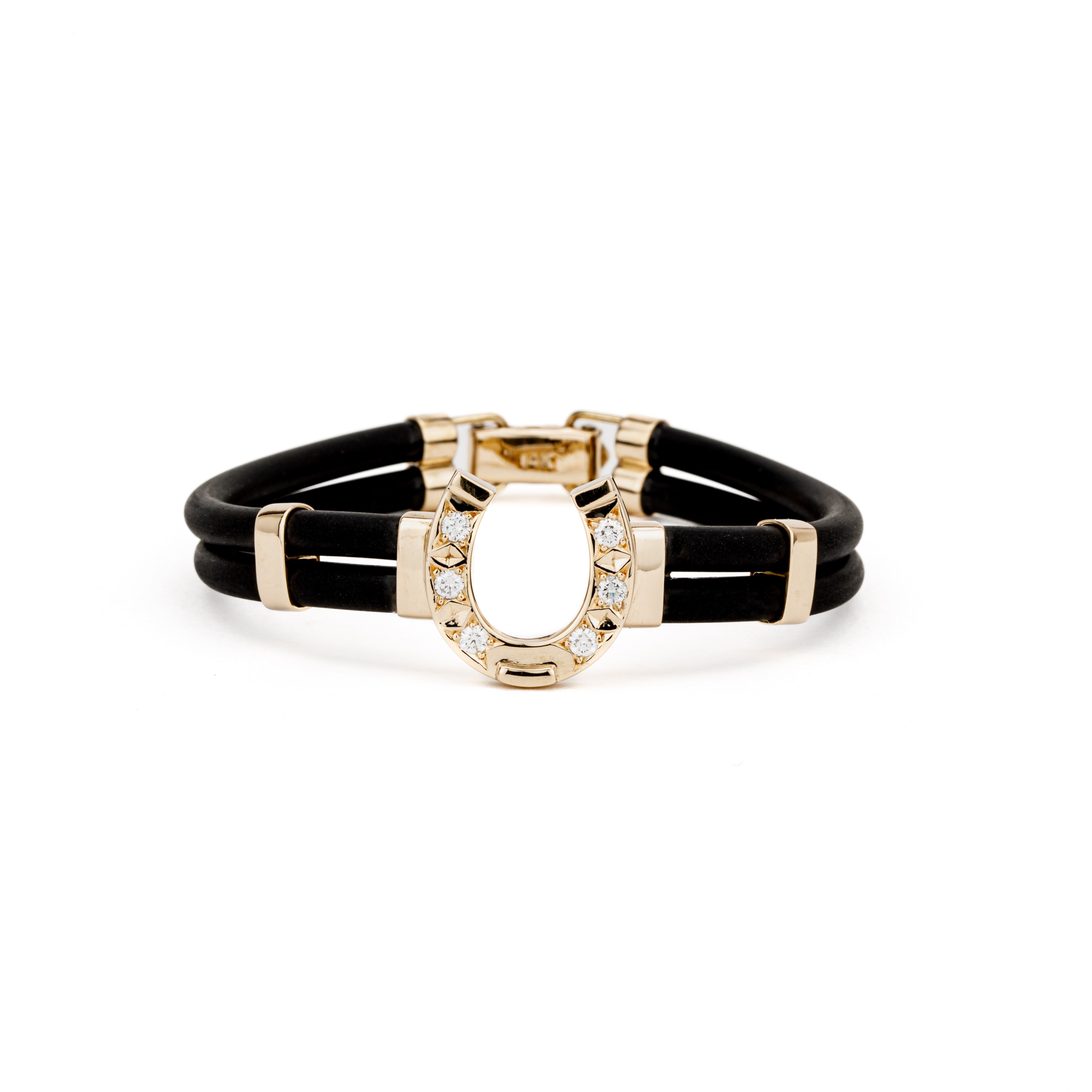 14k yellow gold horseshoe set with 6 round diamonds with a double neoprene band from our exclusive Equestrian Collection