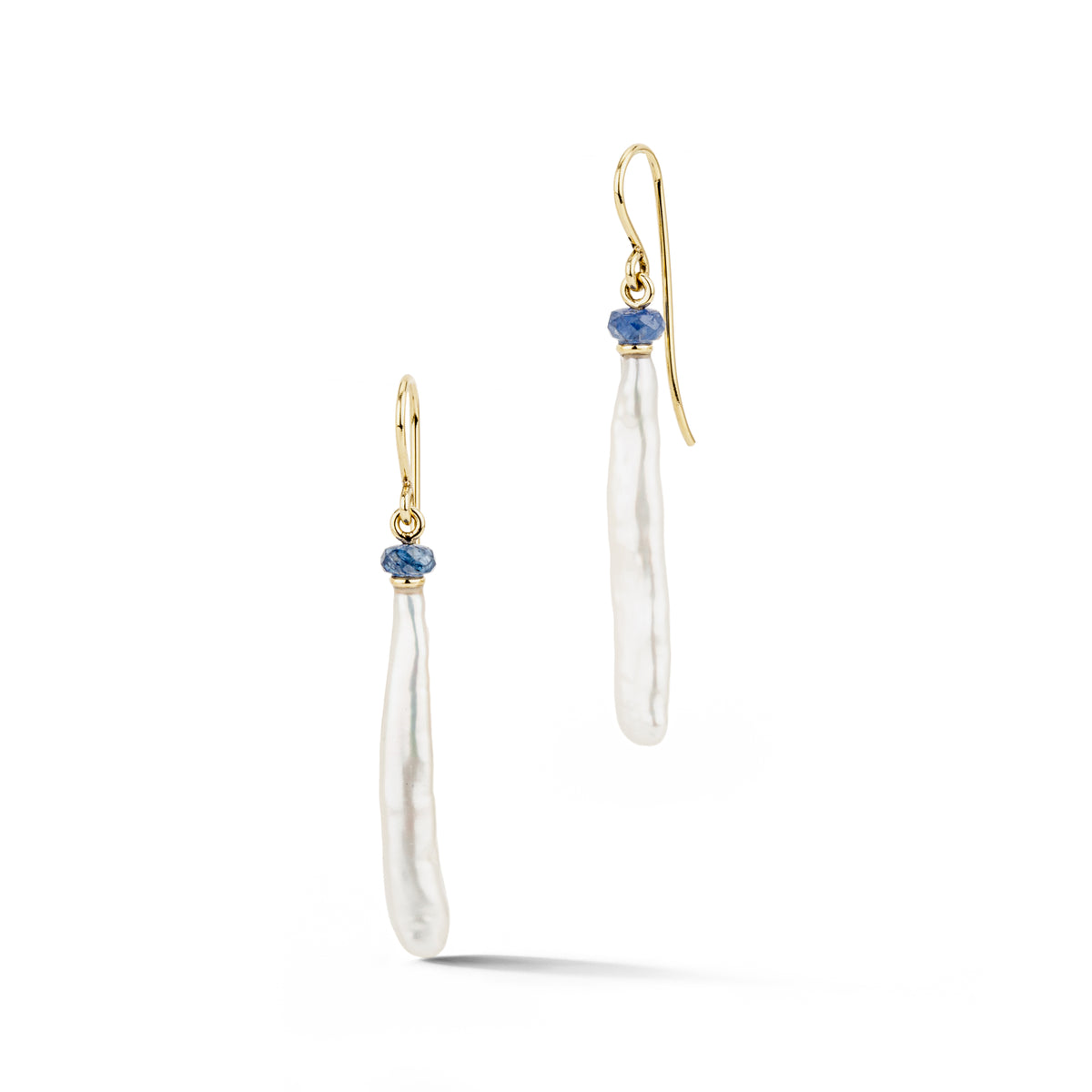 Pair of 14k yellow gold drop earrings with long white top-drilled stick pearls, faceted blue sapphire beads, gold rondels, and French ear wires