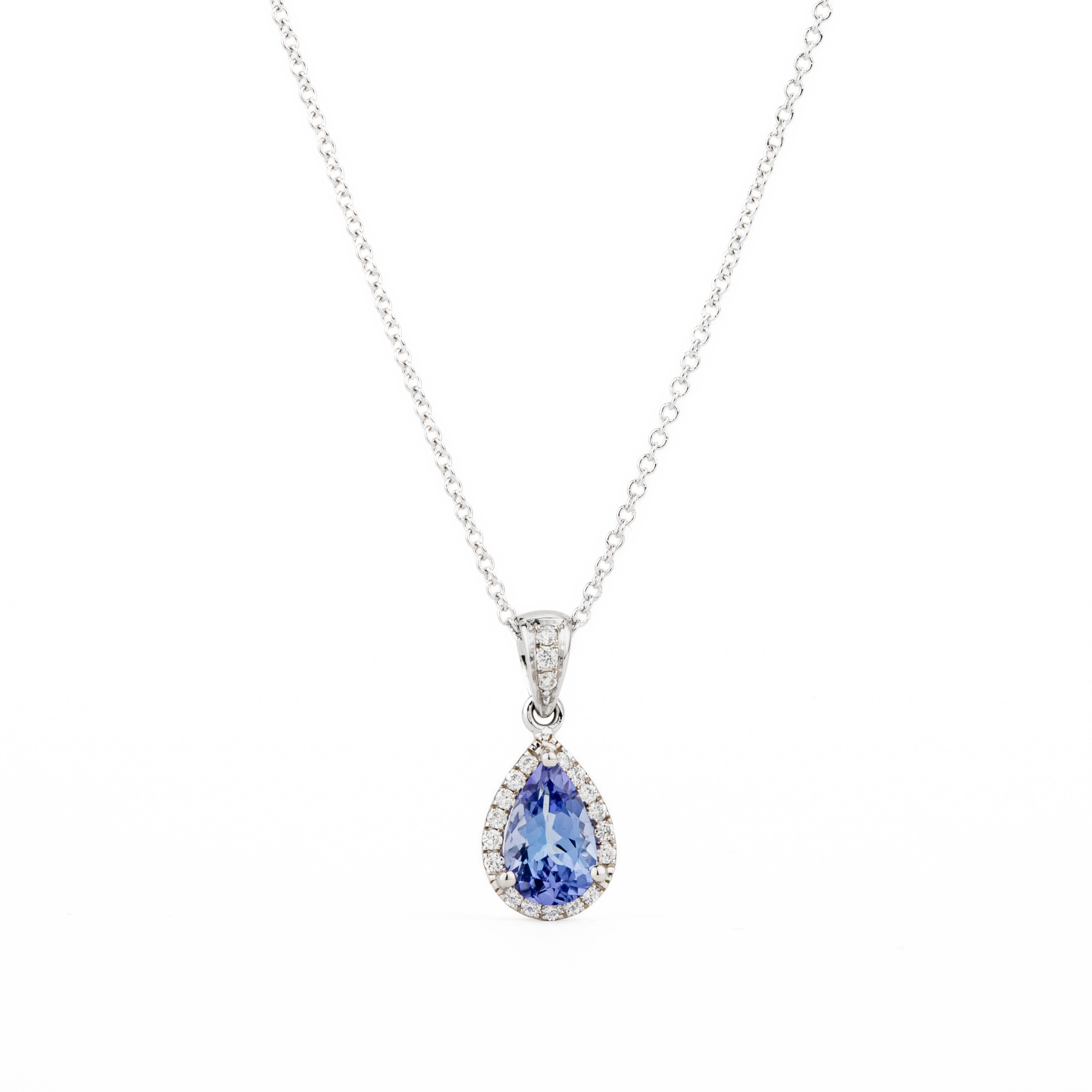 14k white gold necklace with pear-shaped tanzanite center stone, round diamond halo, and diamond-set tapered bail