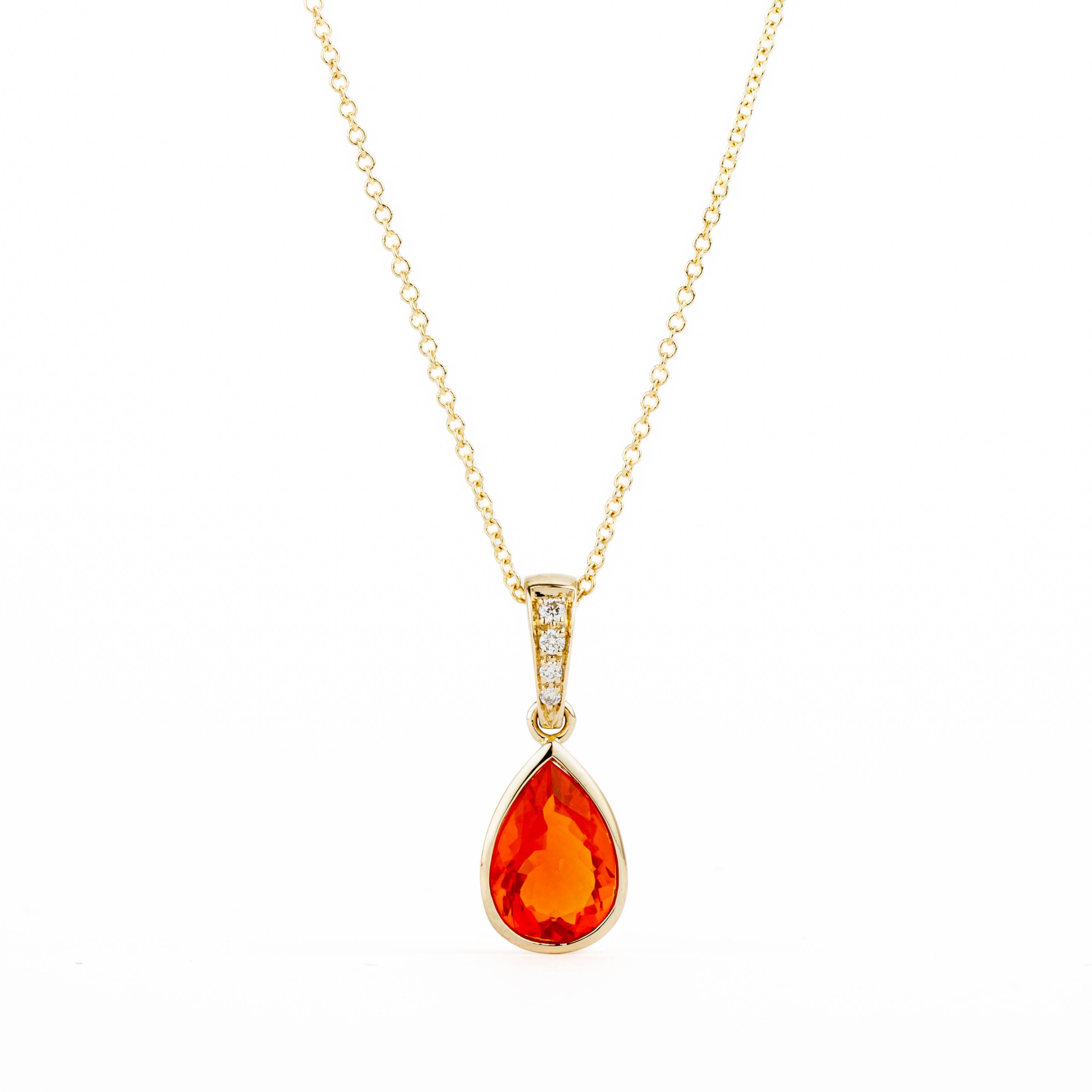 14k yellow gold pendant with pear-shaped fire opal in bezel setting and diamond-accented tapered bail
