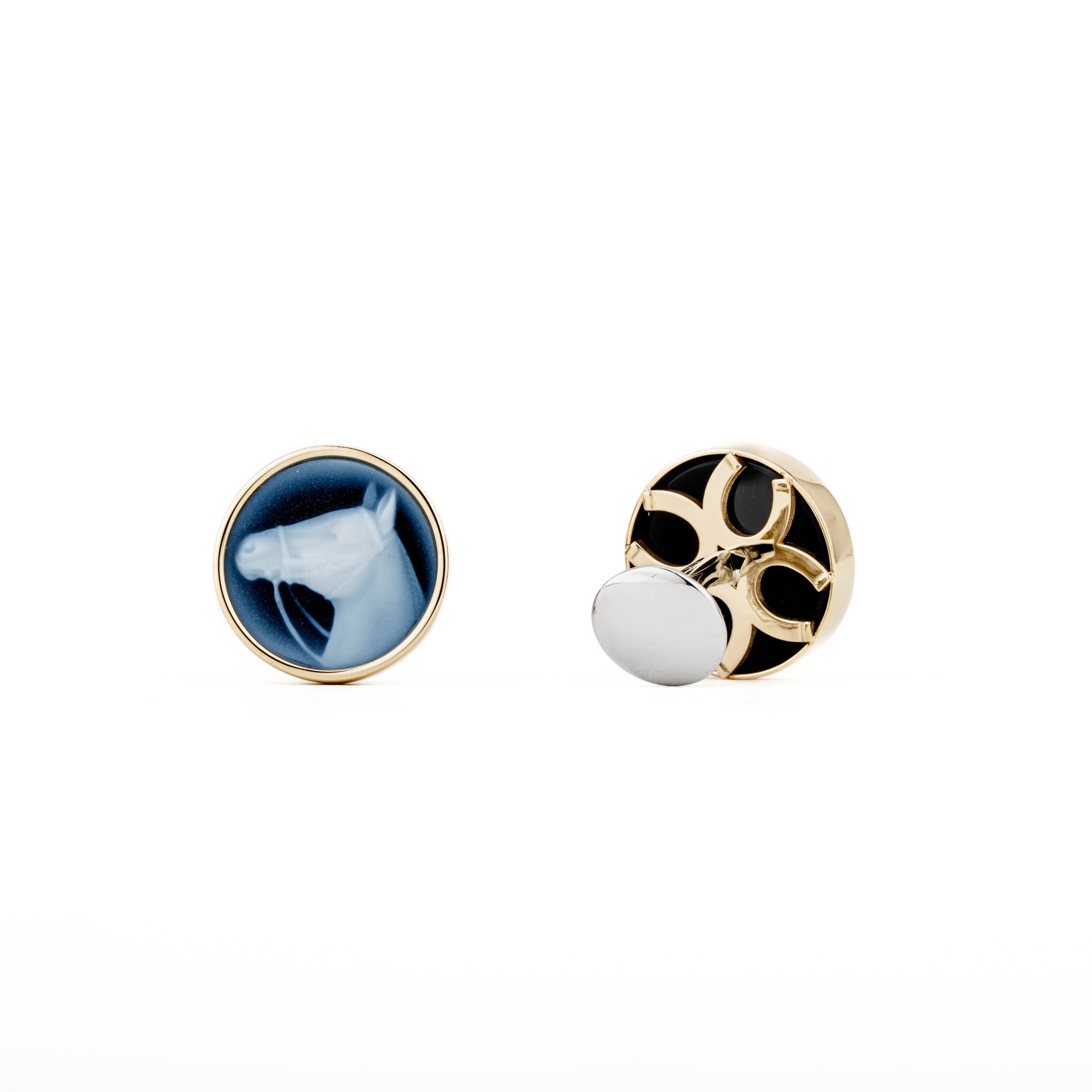 14k yellow gold cufflinks featuring carved blue agate horse cameo with horseshoe motif reverse