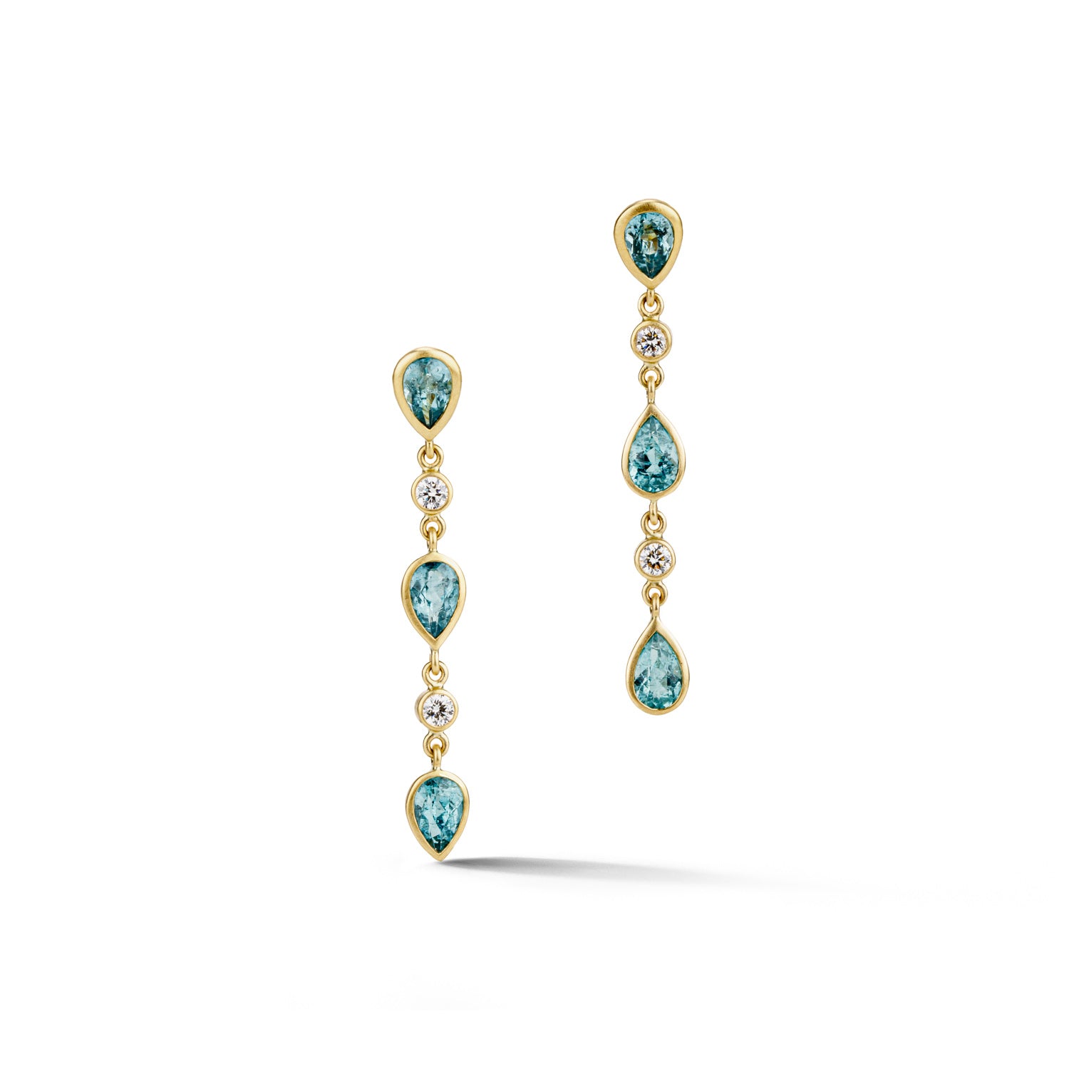 18k yellow gold drop earrings with bezel-set pear-shaped blue tourmalines and round diamonds, satin finish