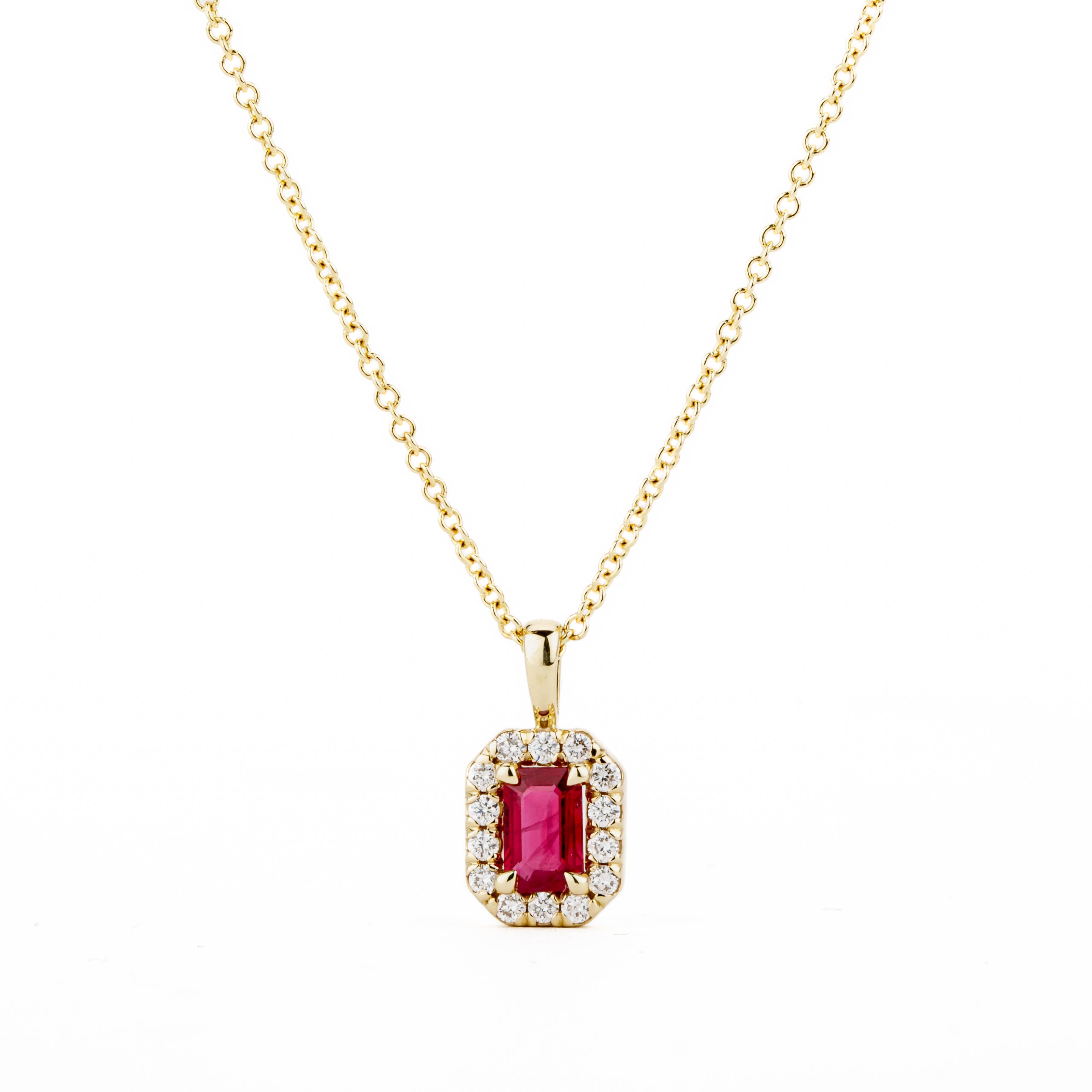 14k yellow gold emerald cut ruby and diamond halo pendant necklace