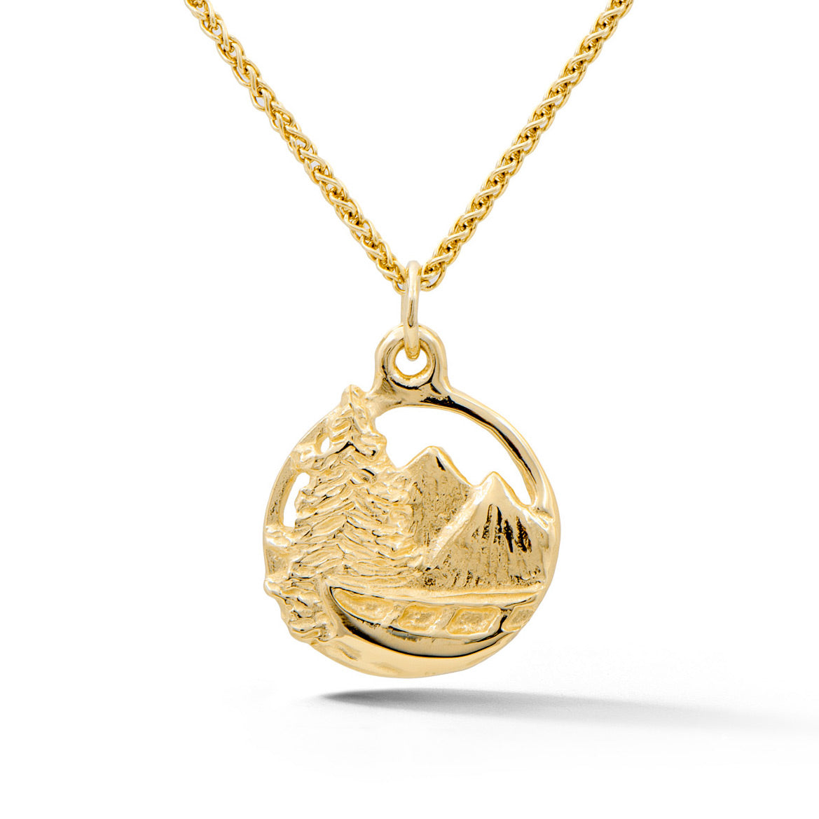 14k yelllow gold Adirondack mountain pendant with pine tree and canoe design from our Saratoga Collection