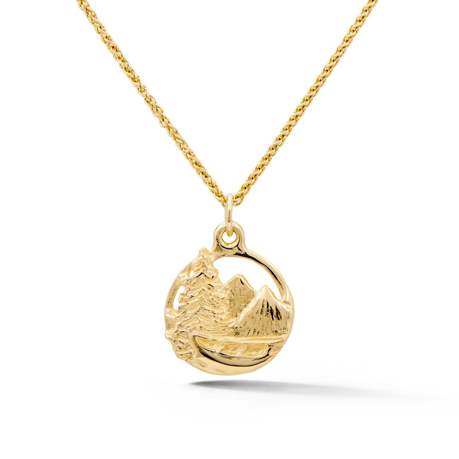 14k yellow gold Adirondack mountain pendant with pine tree and canoe design from our Saratoga Collection