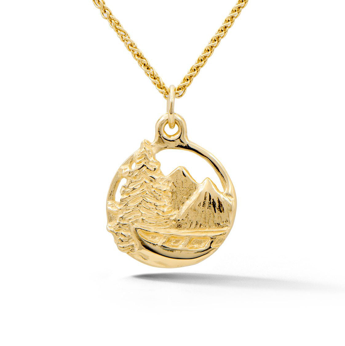 14k yellow gold Adirondack mountain pendant with pine tree and canoe design from our Saratoga Collection