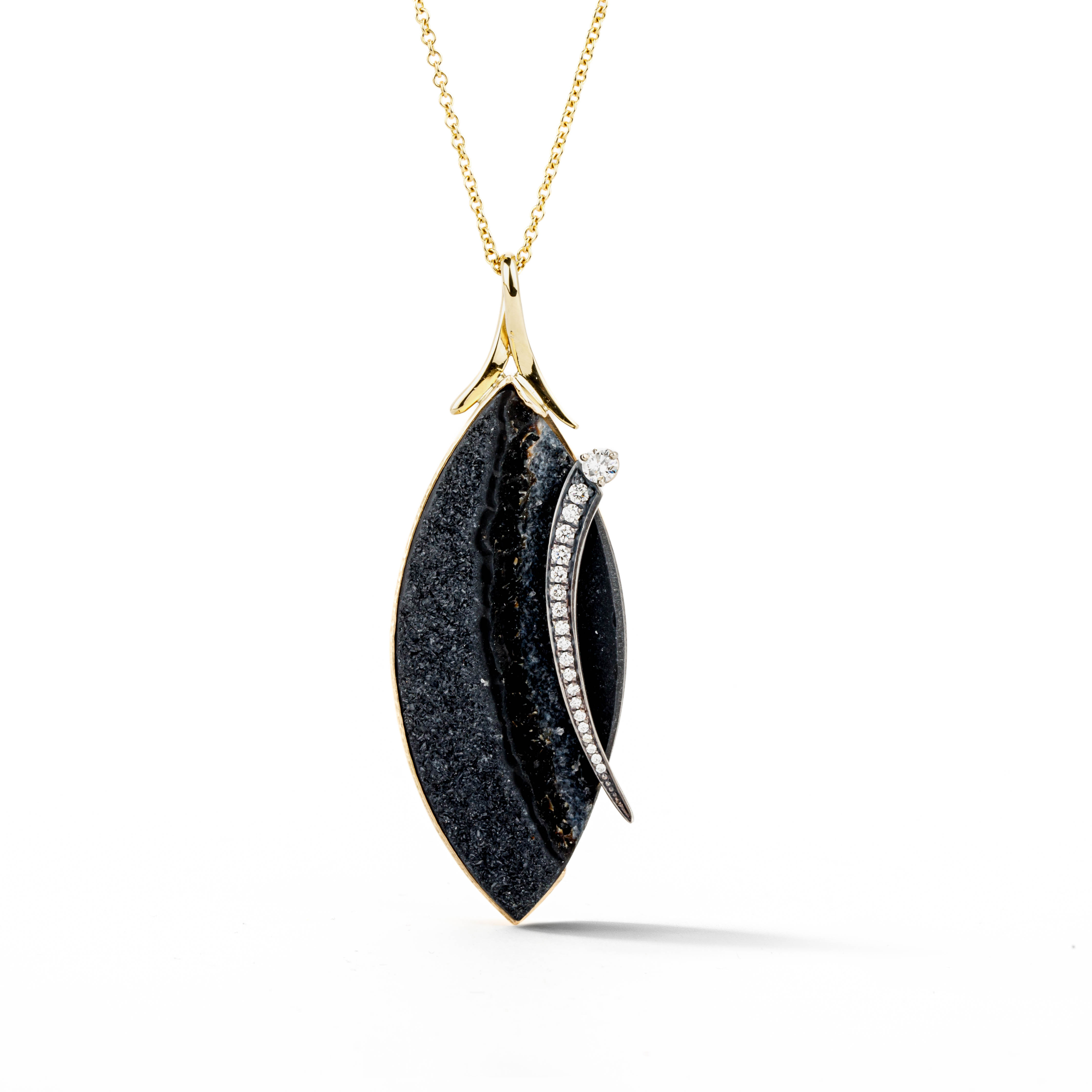 One-of-a-kind 14k yellow gold pendant necklace with a black onyx druzy stone and a curved diamond accent in oxidized silver