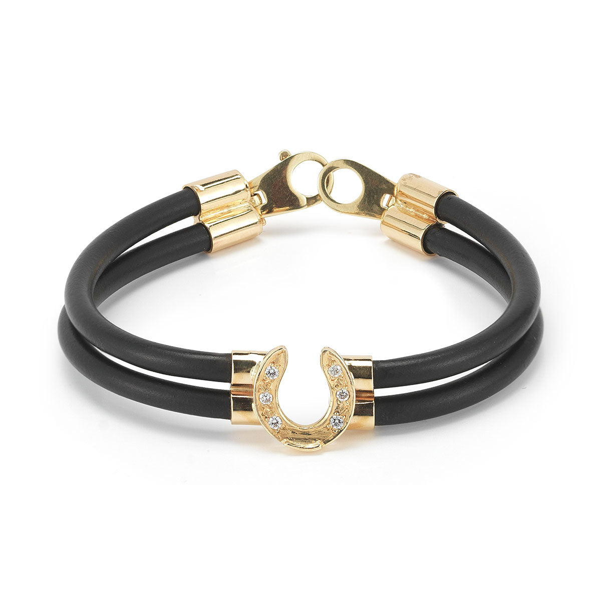 Diamond horseshoe bracelet with yellow gold and black neoprene double band from our exclusive Equestrian Collection