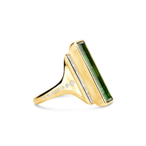Green tourmaline and diamond cocktail ring in 14k yellow gold with asymmetric design