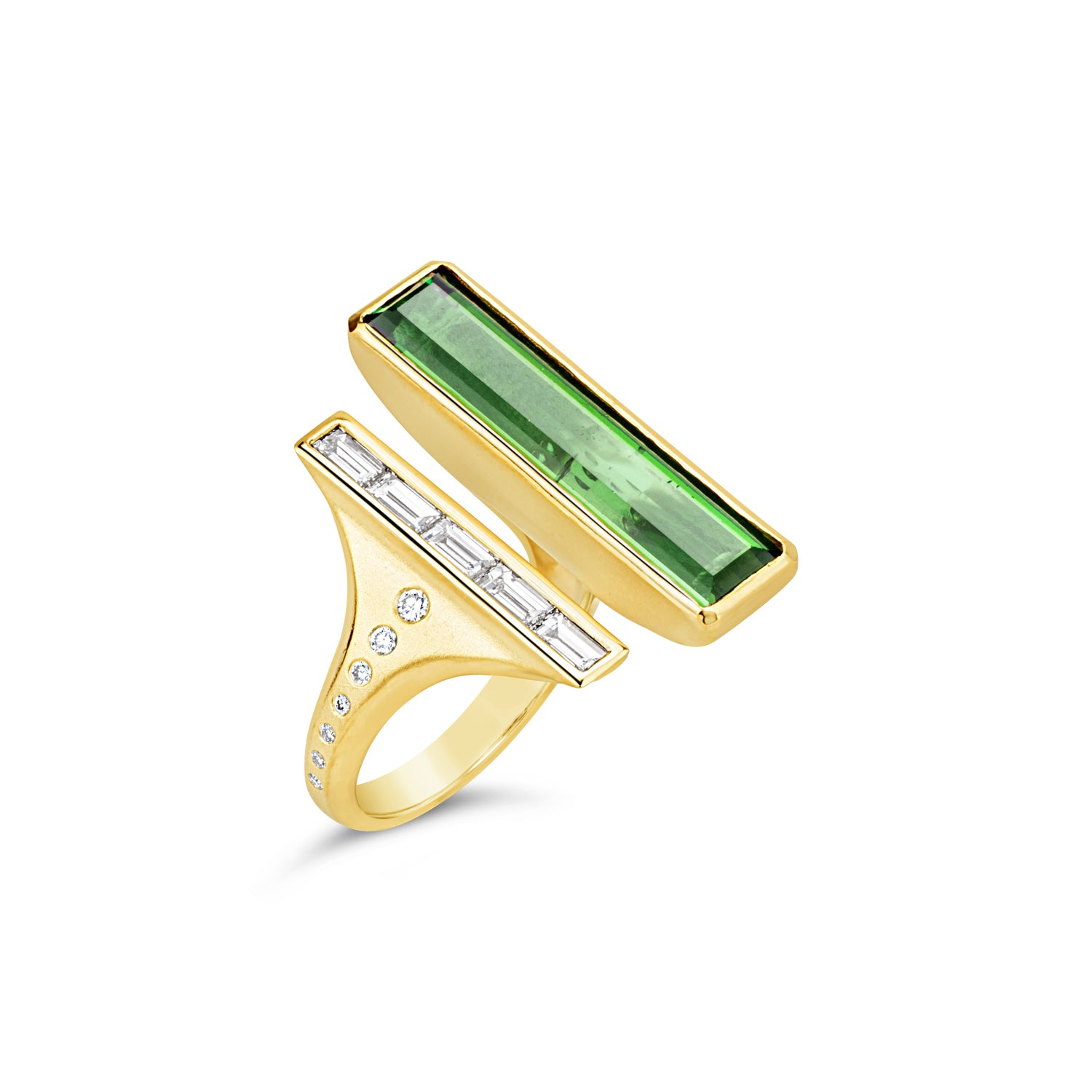 Green tourmaline and diamond cocktail ring in 14k yellow gold with asymmetric design
