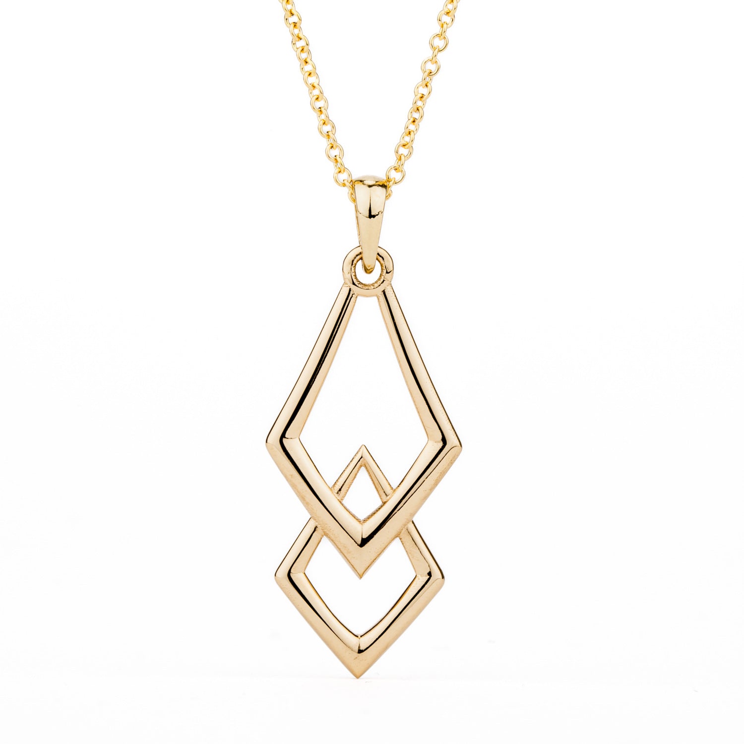 14k yellow gold geometric chevron pendant necklace with layered diamond