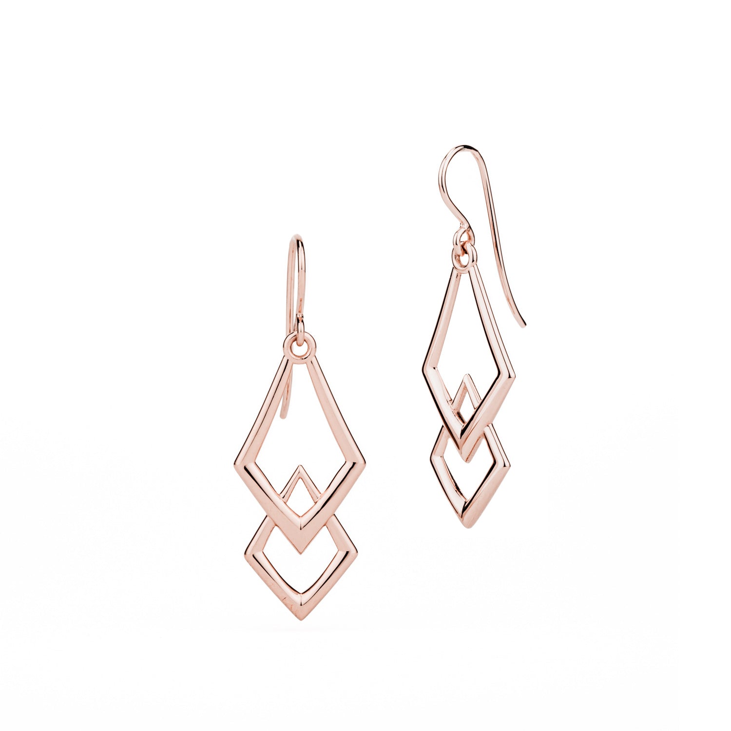 14k rose gold chevron drop earrings with geometric diamond shapes and French wire hooks
