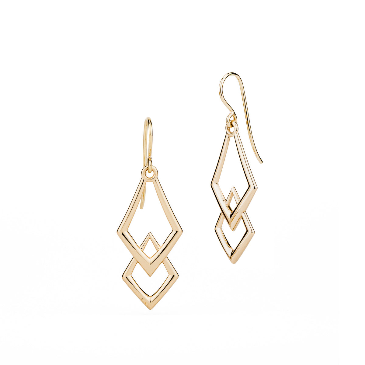 14k yellow gold chevron drop earrings with geometric diamond shapes and French wire hooks