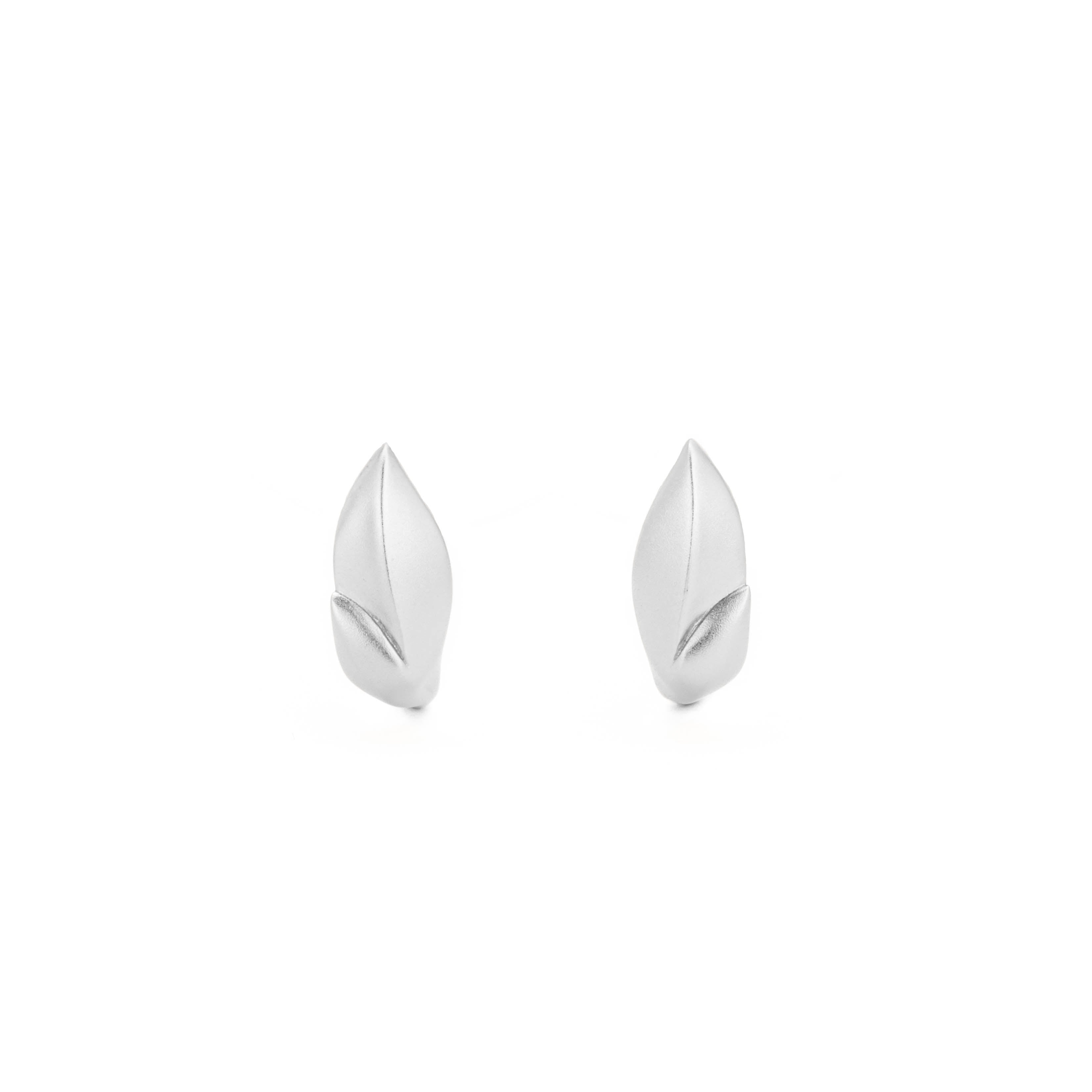 Laurel leaf huggie stud earrings with satin finish in 14K white gold