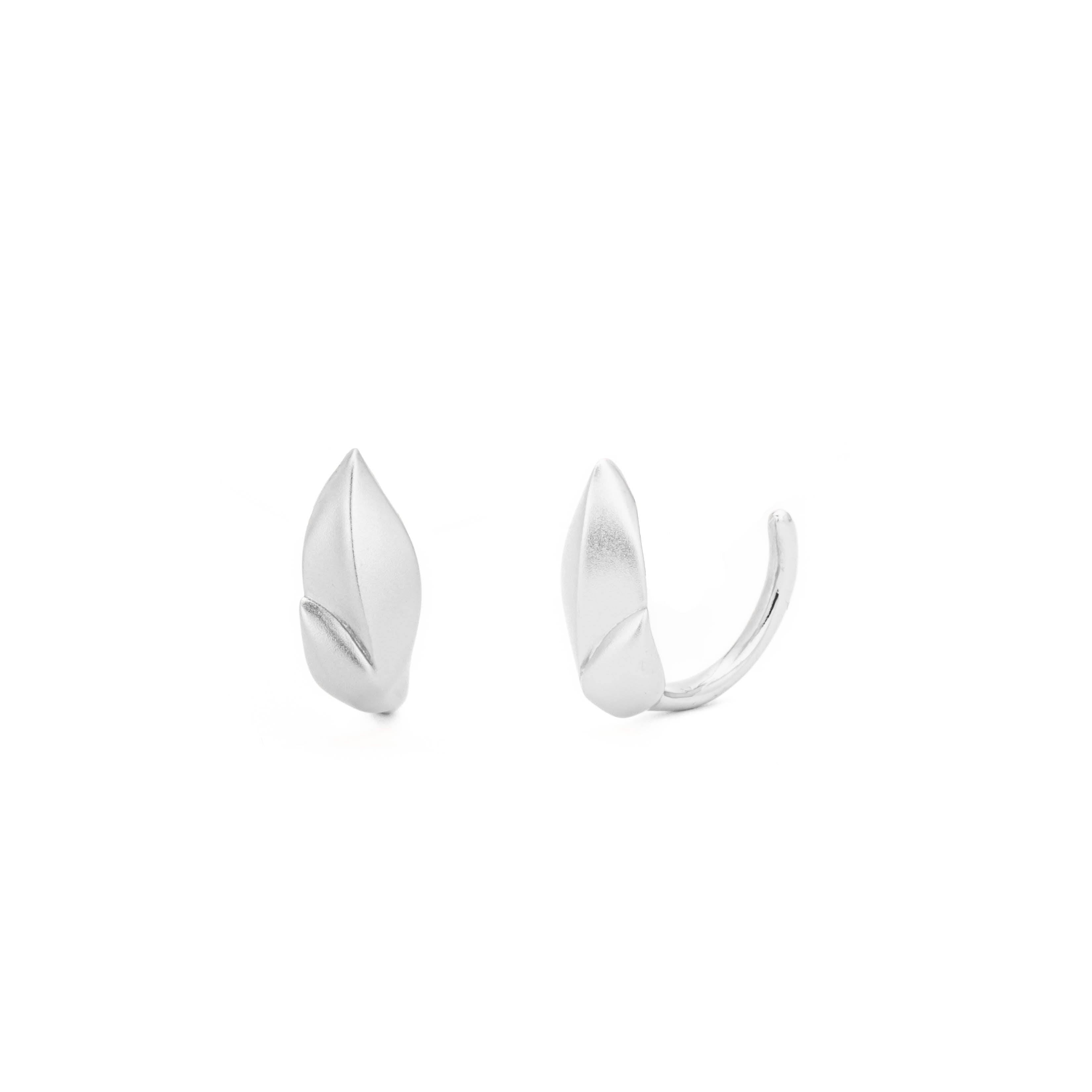 Laurel leaf huggie stud earrings with satin finish in 14K white gold