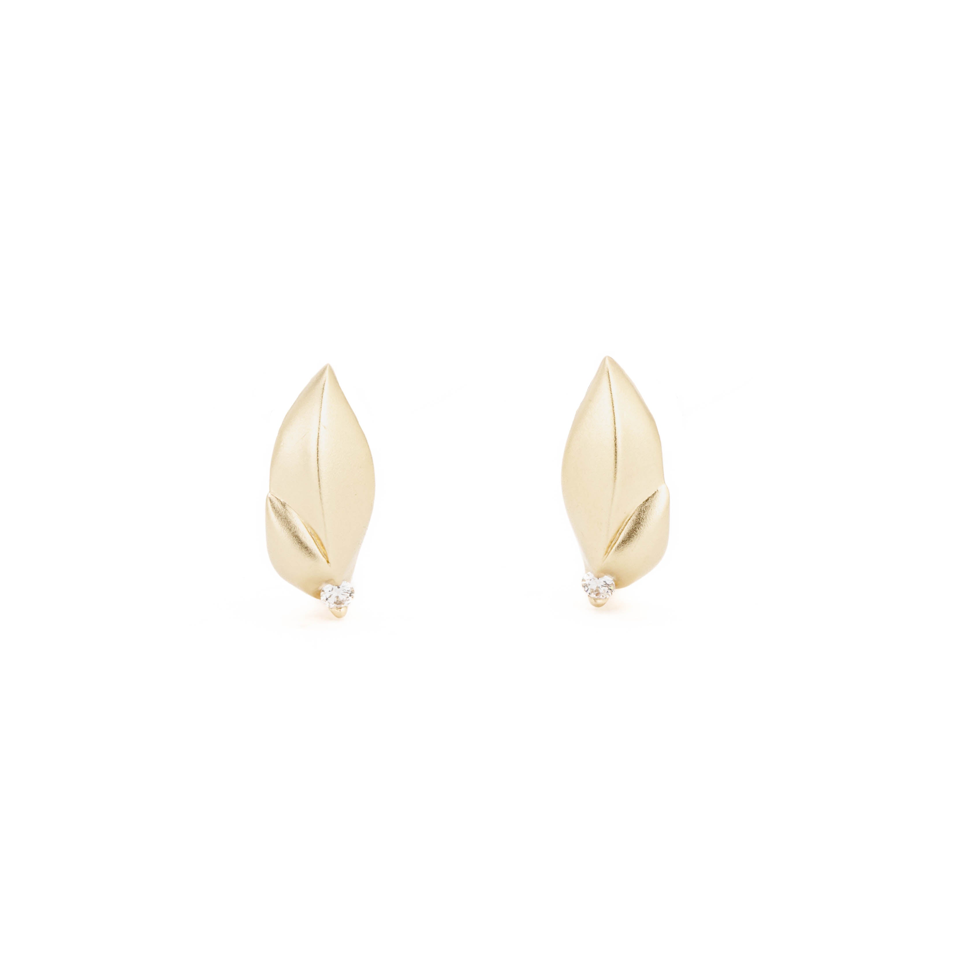 Laurel leaf diamond huggie stud earrings with a satin finish in 14k yellow gold