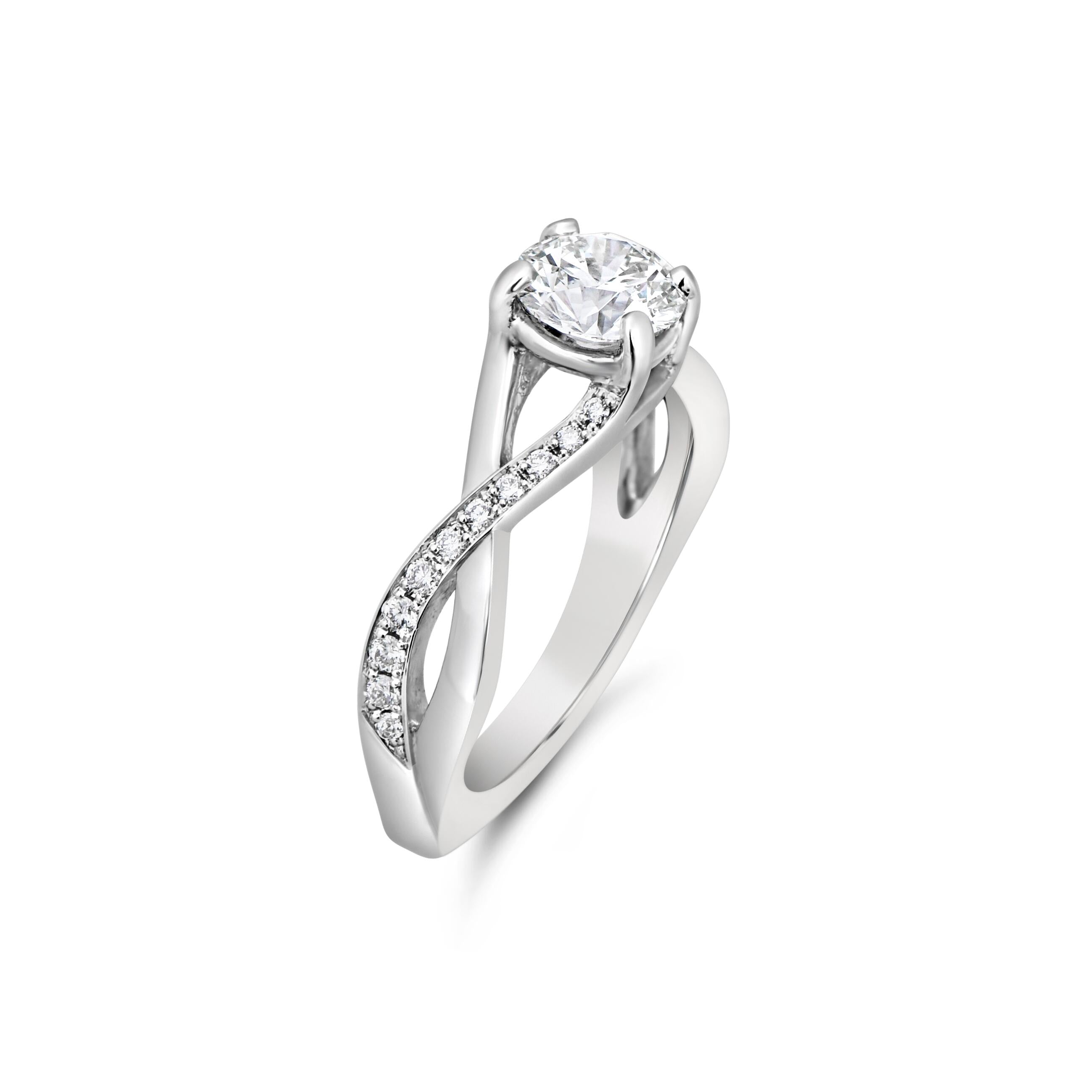 Platinum twisted engagement ring with round diamond center stone and pavé diamond accents