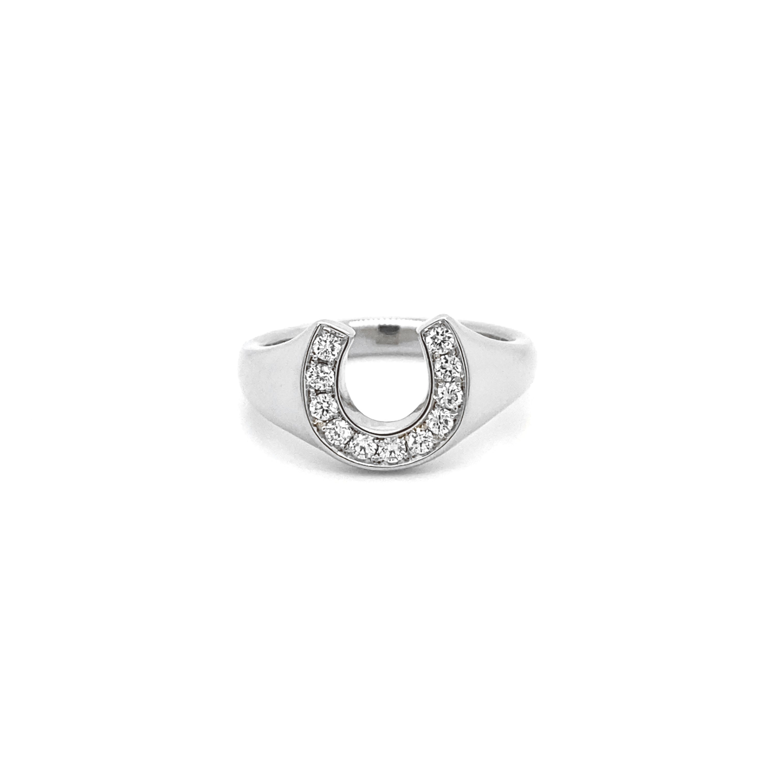 14k white gold horseshoe ring with pave diamond detail from our exclusive Equestrian Collection