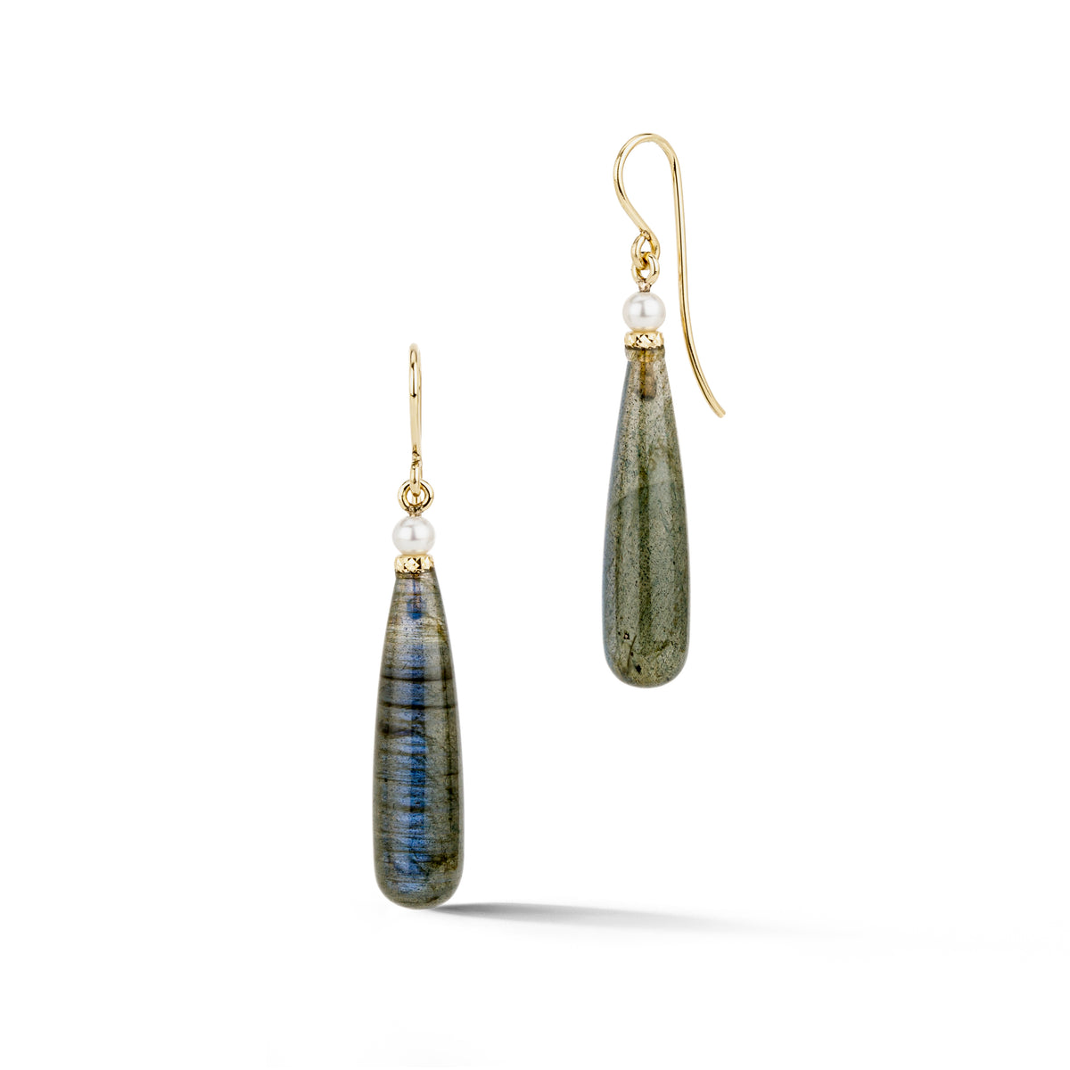 Pair of 14k yellow gold earrings with polished labradorite drops showing blue flashes, freshwater pearls, and faceted gold rondels