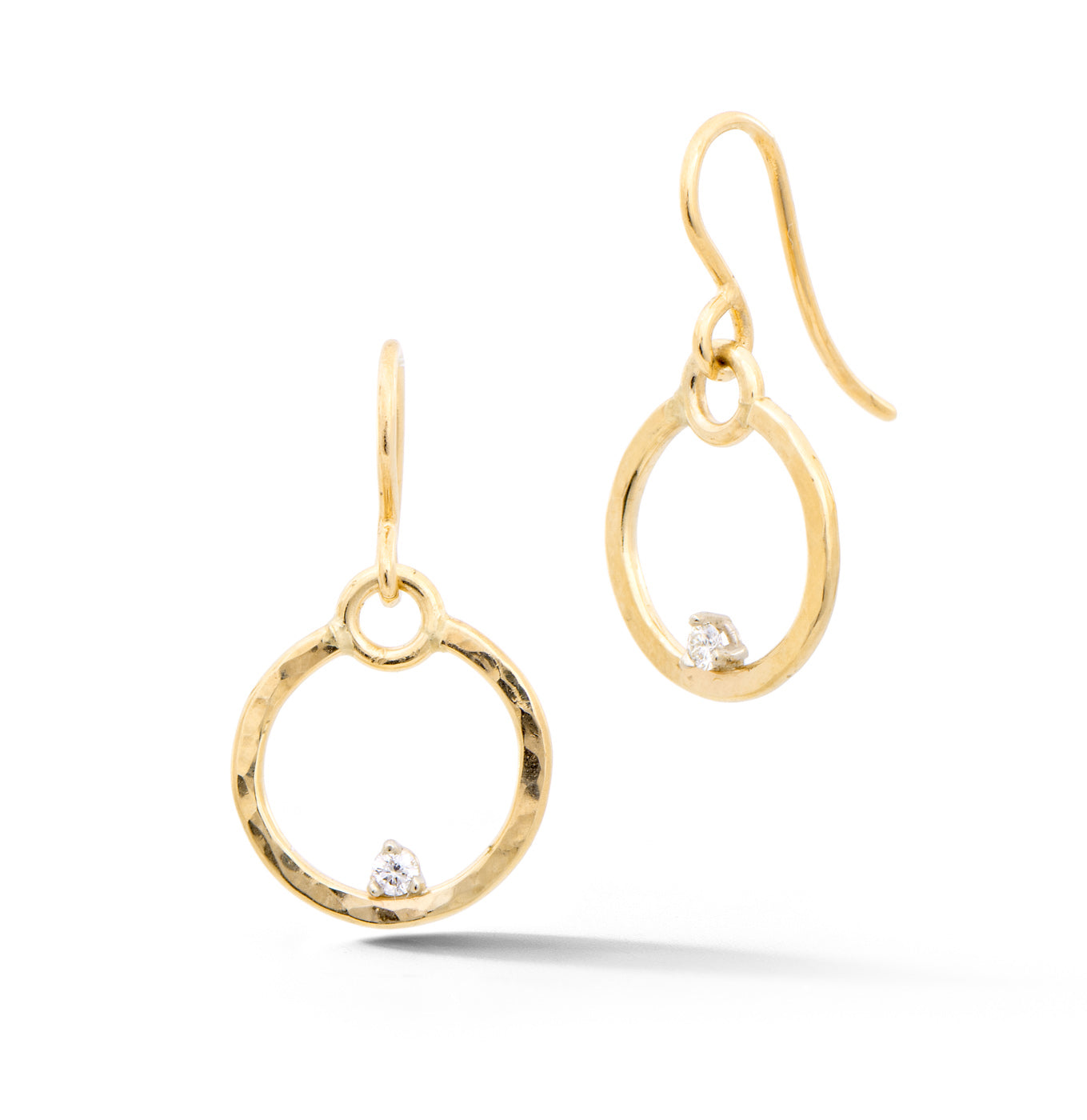 14k yellow gold forged circle earrings with diamonds hanging from french wires