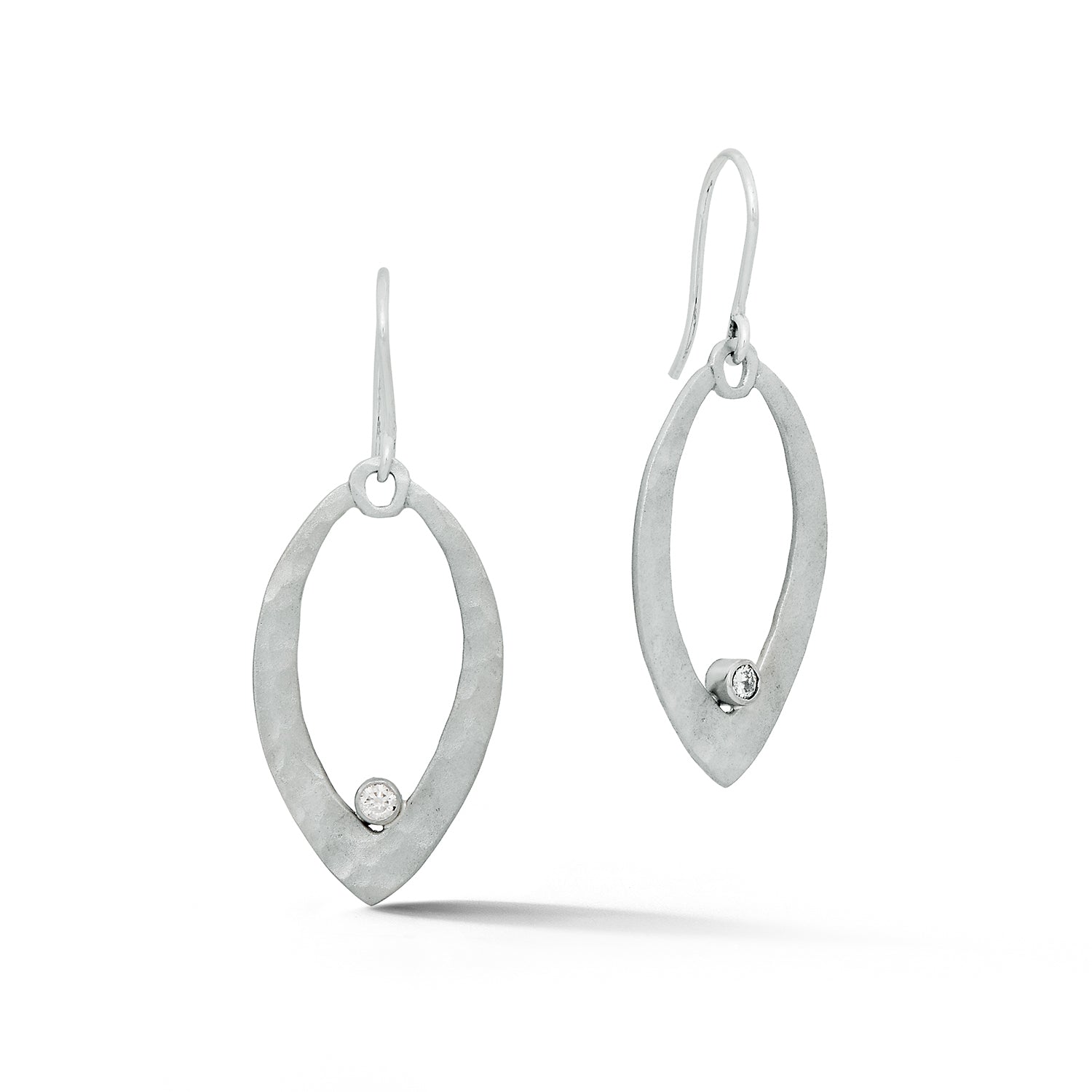 14K white gold marquise shaped dangle earrings with bezel set diamonds