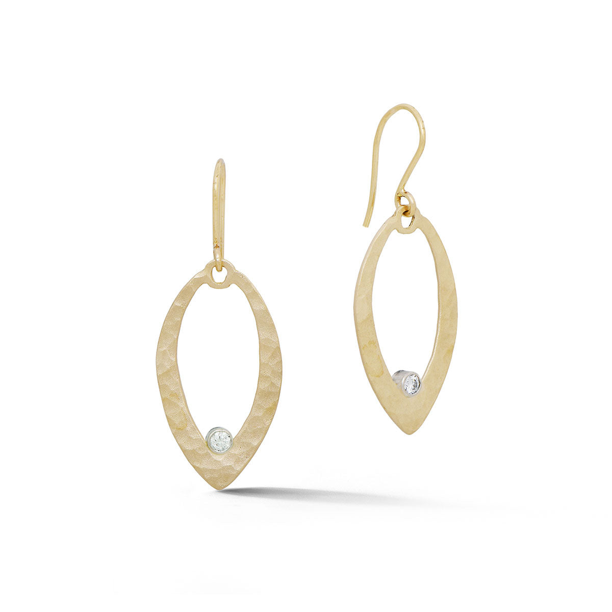 14K yellow gold marquise shaped dangle earrings with bezel set diamonds