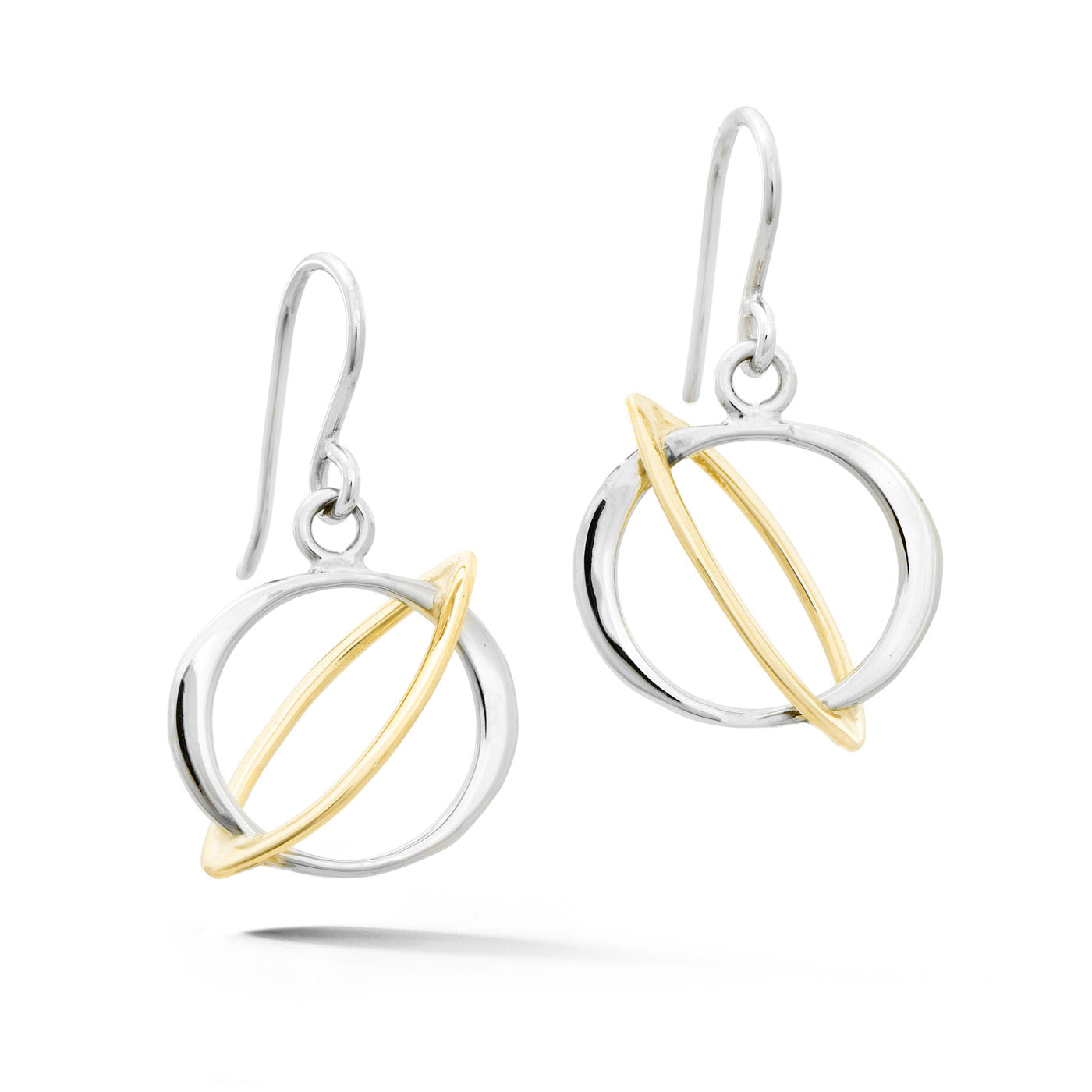 Orbit earrings in 14k white and yellow gold with circular frames and intersecting arcs on French wire hooks