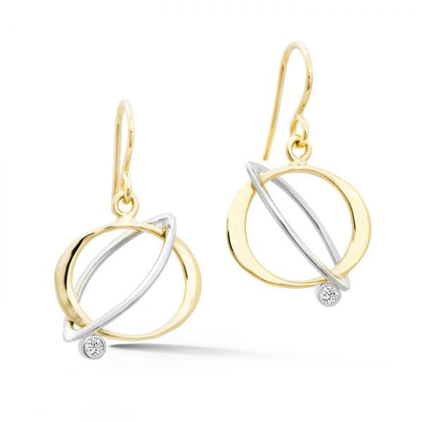Two-tone orbit earrings in white and yellow gold with diamonds on French wire hooks