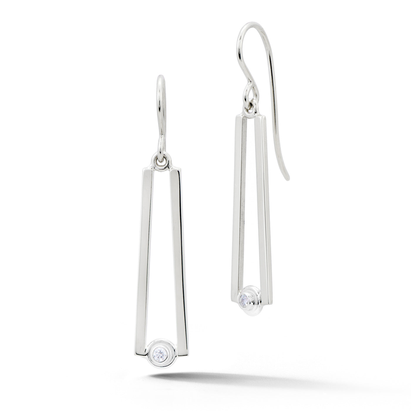 14k white gold tapered drop earrings with bezel set diamonds