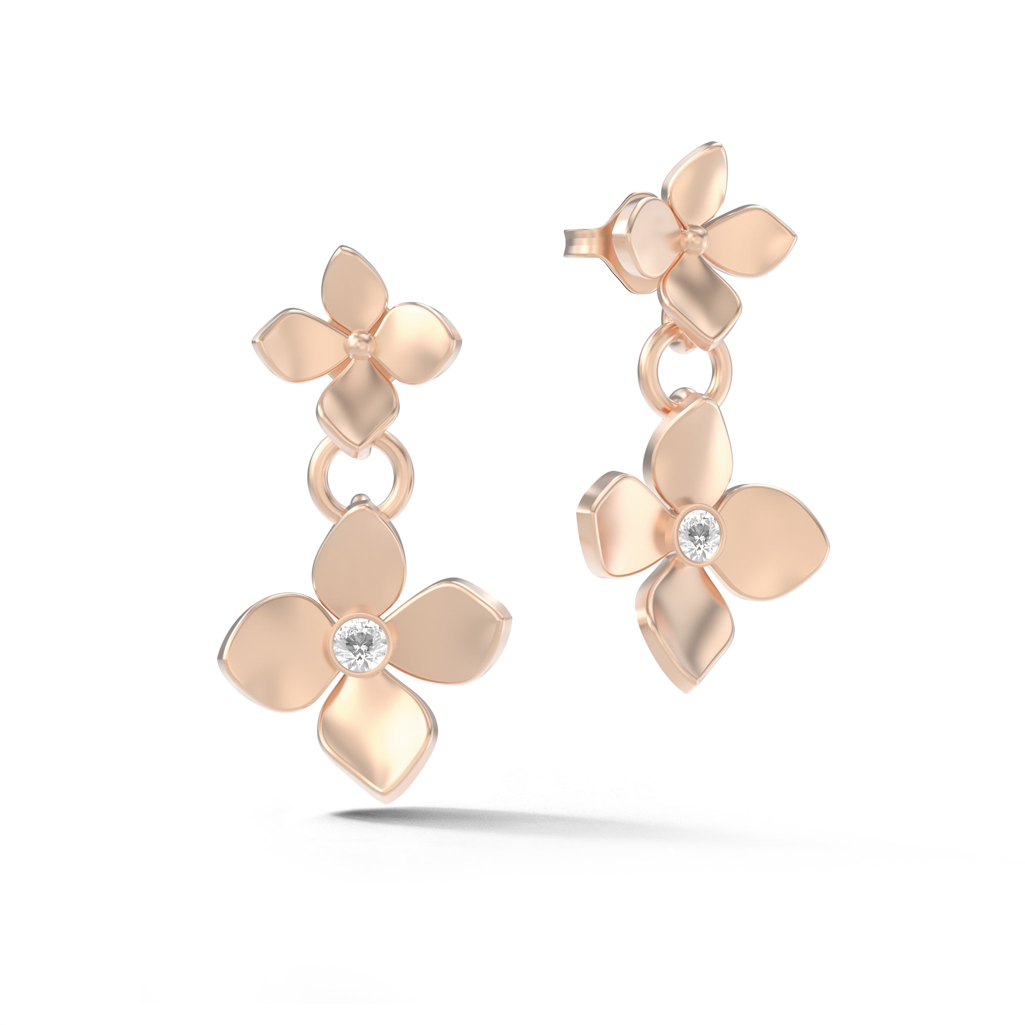14k rose gold floral dangle earrings with diamond accents and polish finish