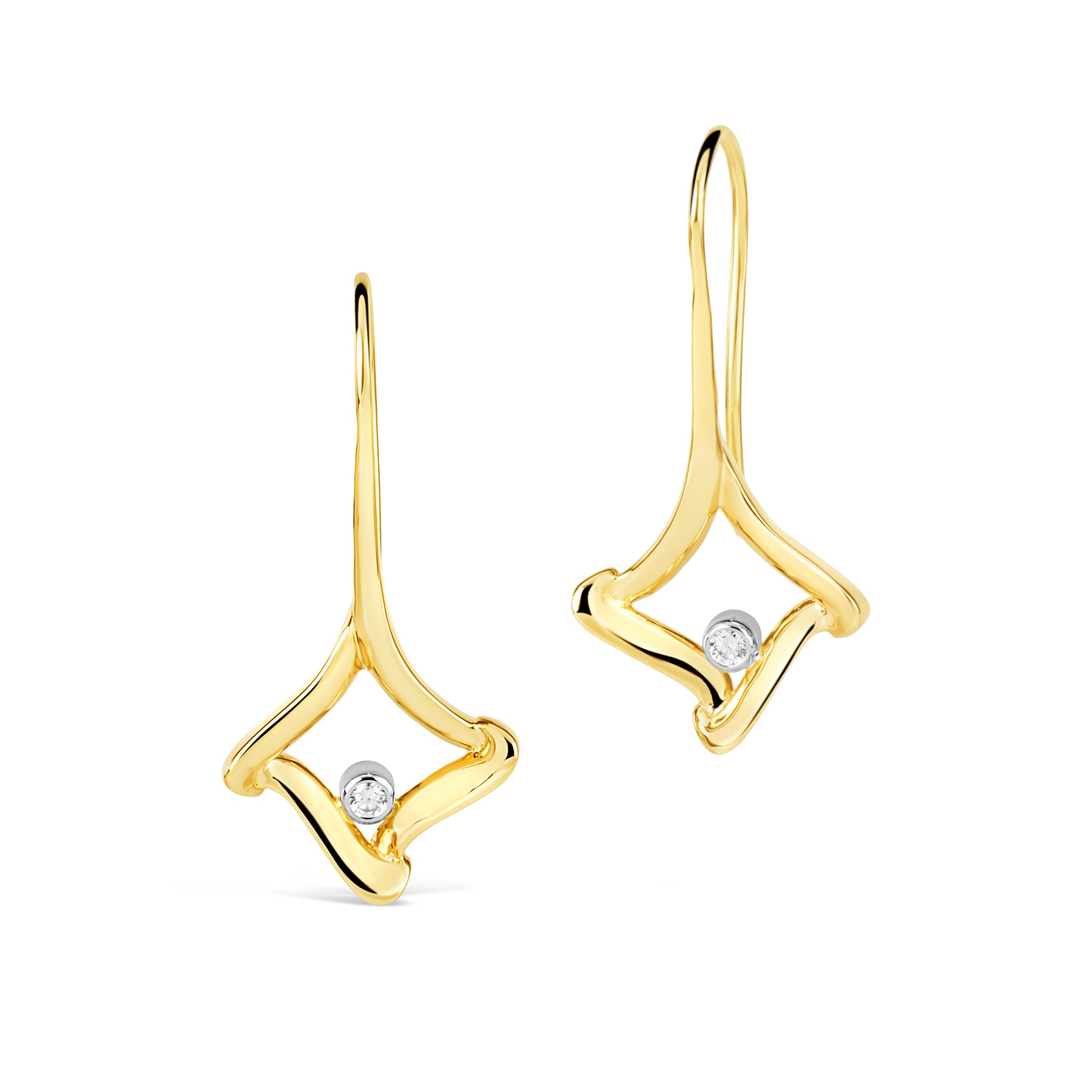 14K yellow gold trifold drop earrings with bezel-set diamonds and French wire backs