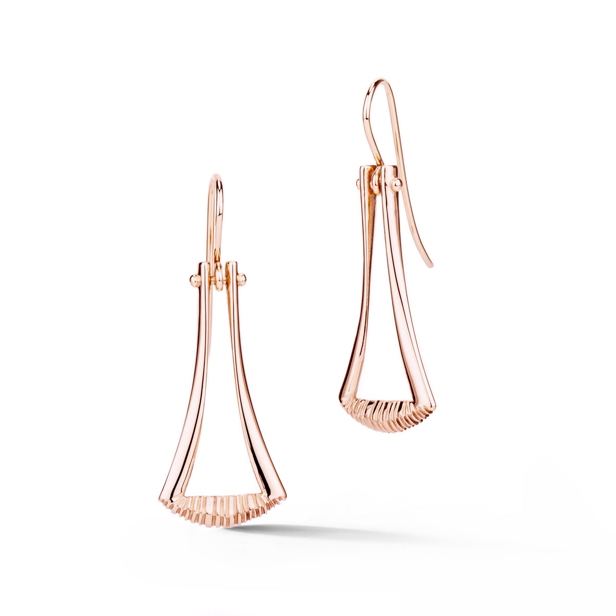 14k rose gold flared dangle earrings with textured fan design