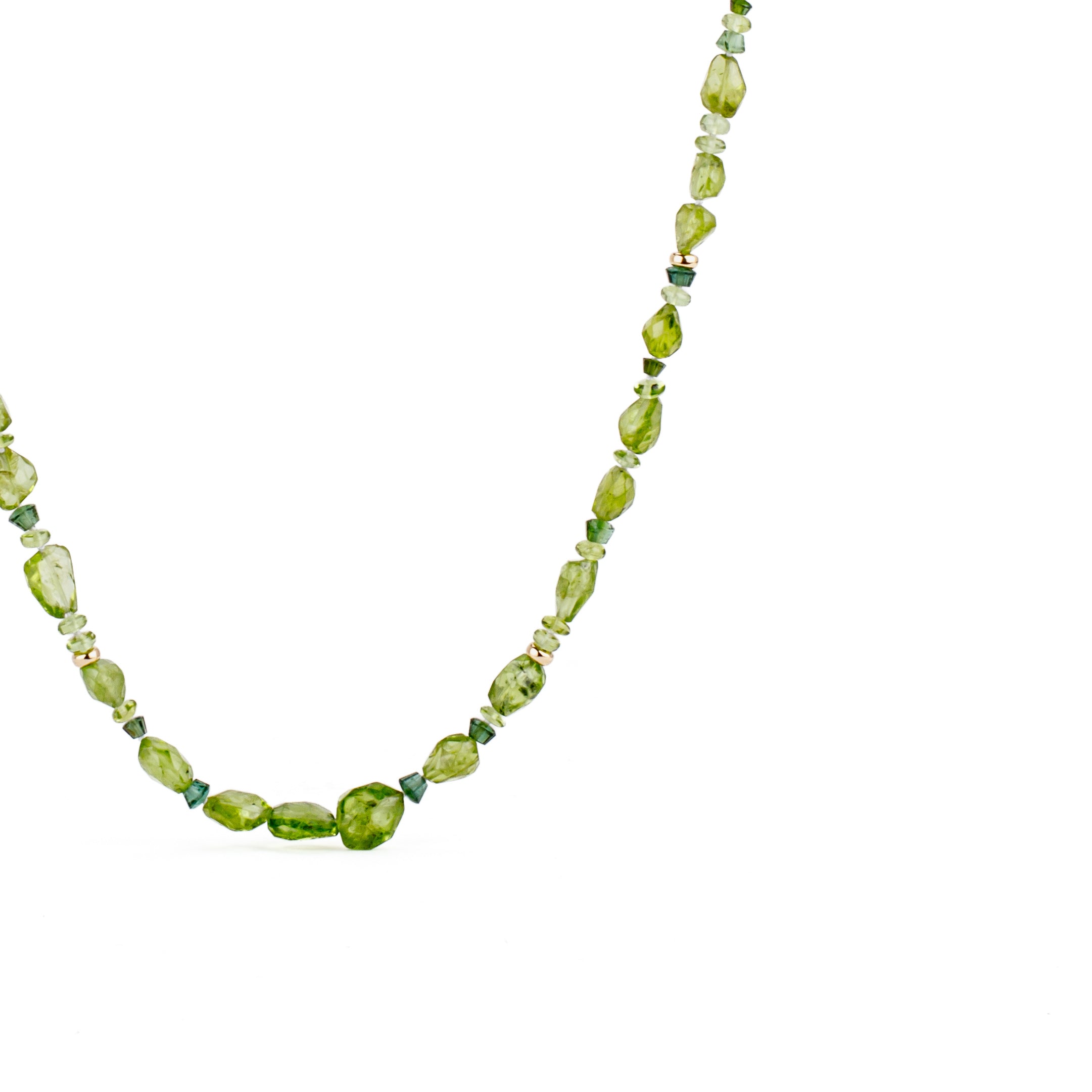 Peridot nugget necklace with green tourmaline beads and 14k gold rondels, 19 inches, on a fishhook clasp