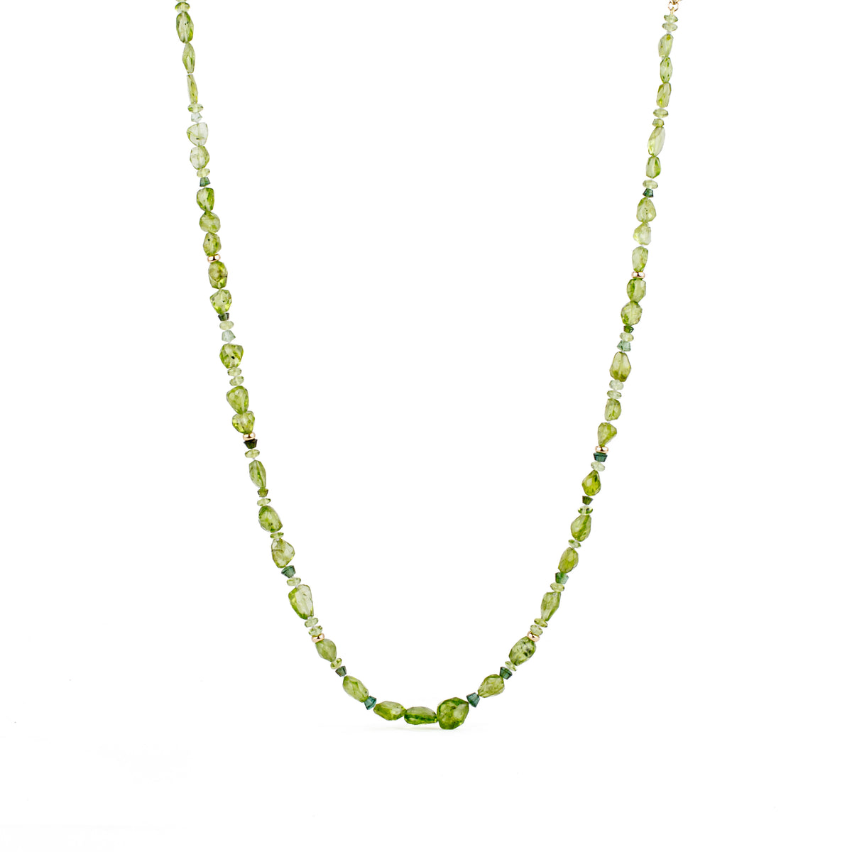 Peridot nugget necklace with green tourmaline beads and 14k gold rondels, 19 inches, on a fishhook clasp
