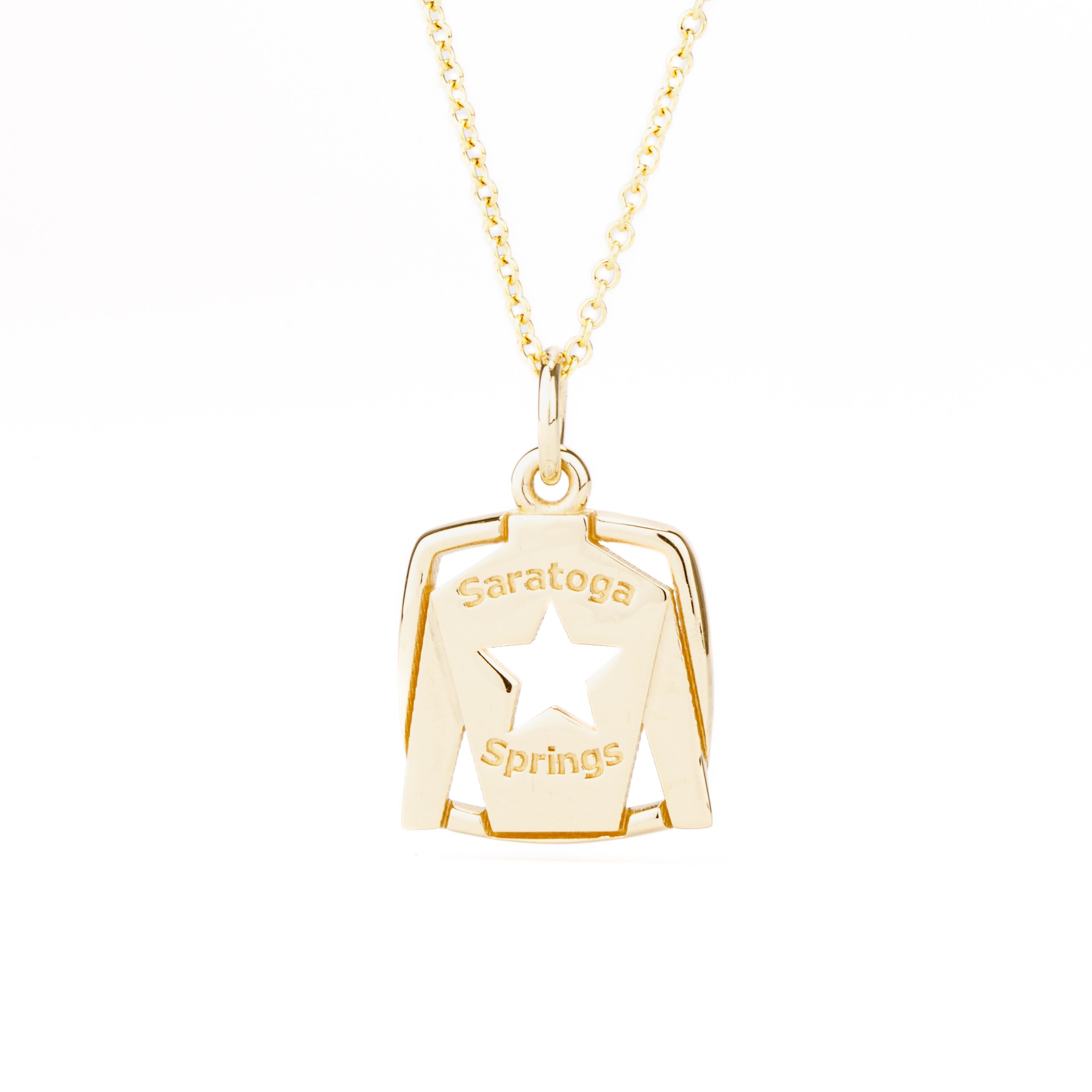14k yellow gold jockey silks charm with star design and Saratoga Springs engraving from our exclusive Equestrian Collection