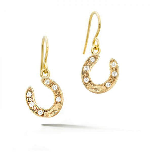 14k yellow gold diamond horseshoe drop earrings from deJonghe Jewelry exclusive Equestrian Collection