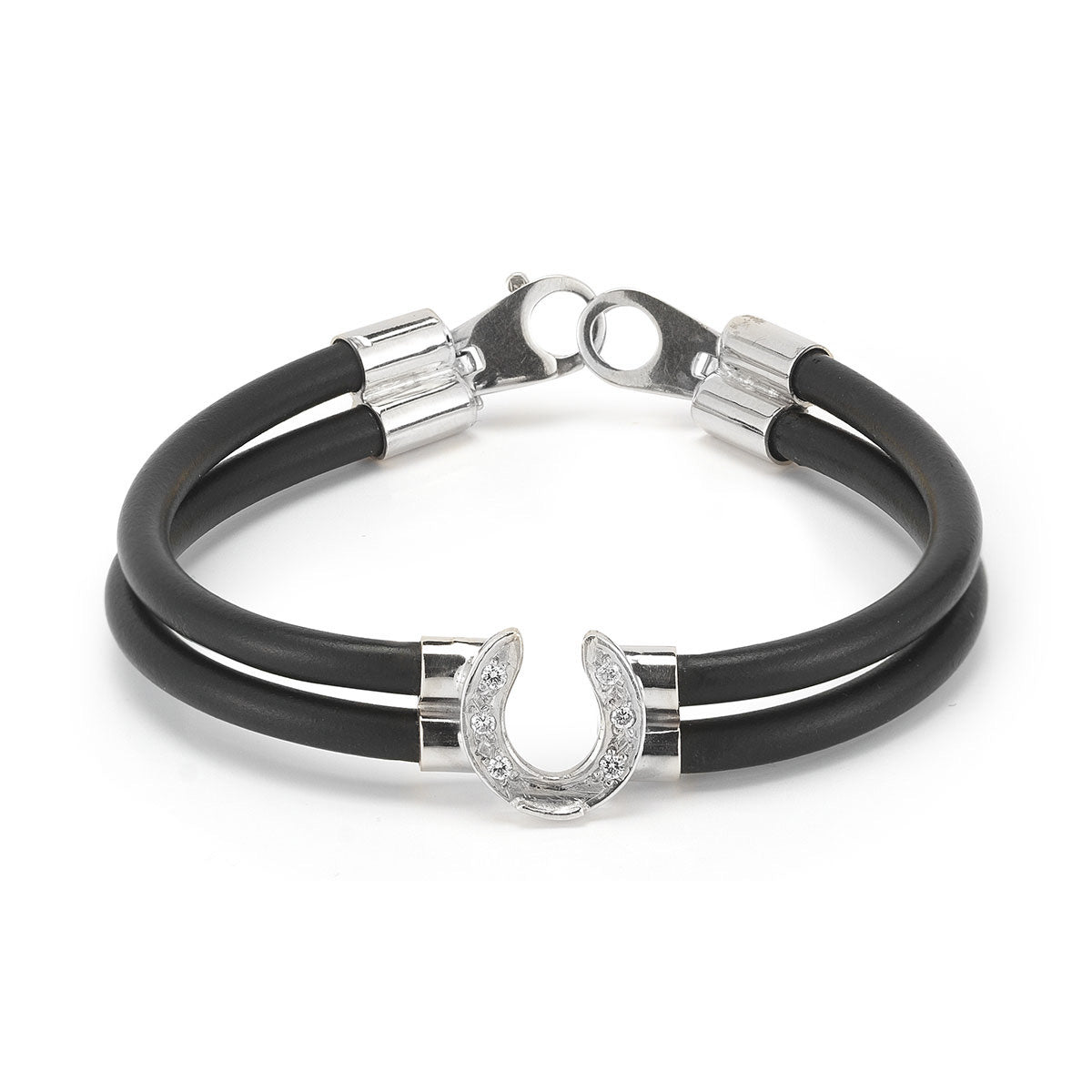 Diamond horseshoe bracelet with white gold and black neoprene double band from our exclusive Equestrian Collection