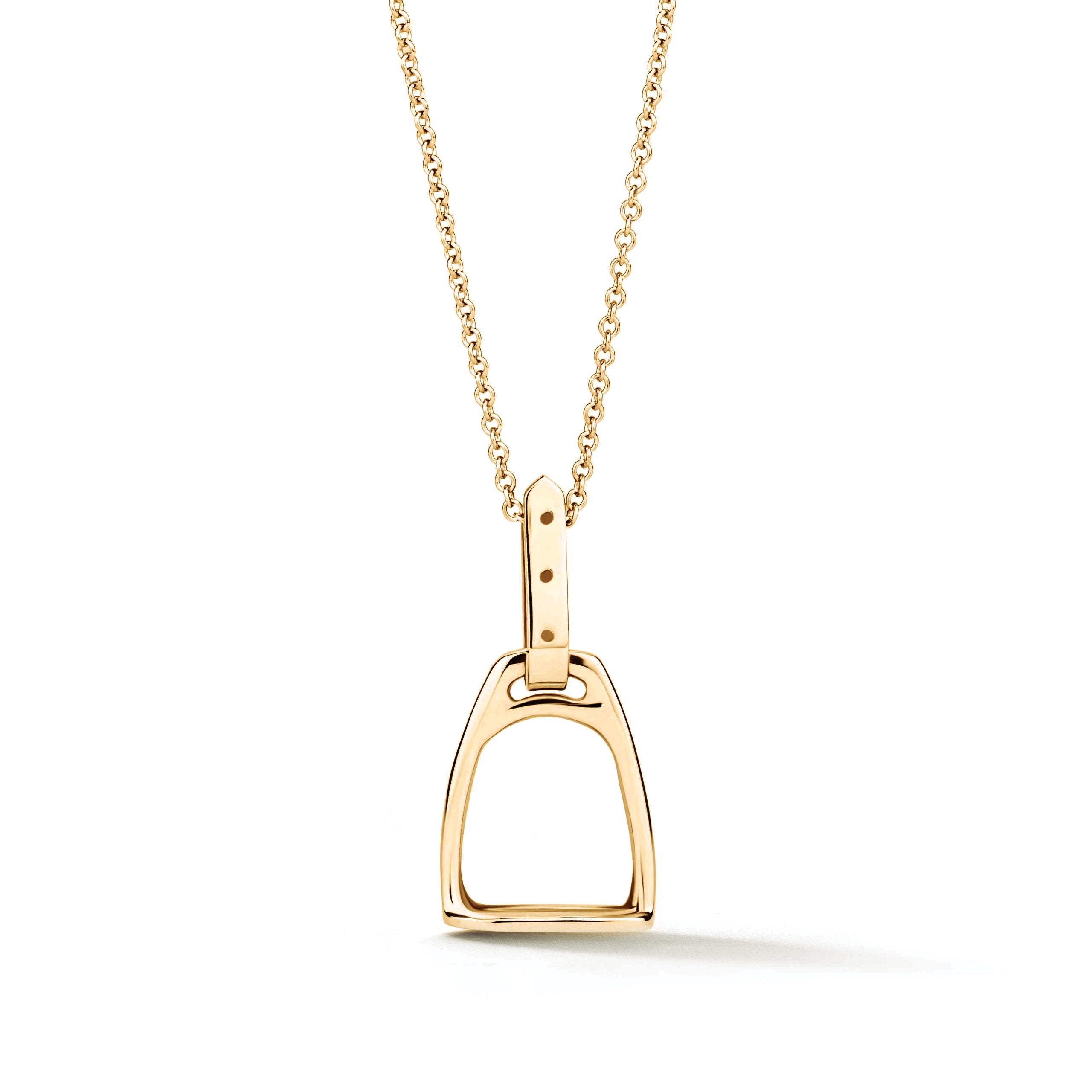 14k yellow gold stirrup pendant necklace with buckle bail from our exclusive Equestrian Collection