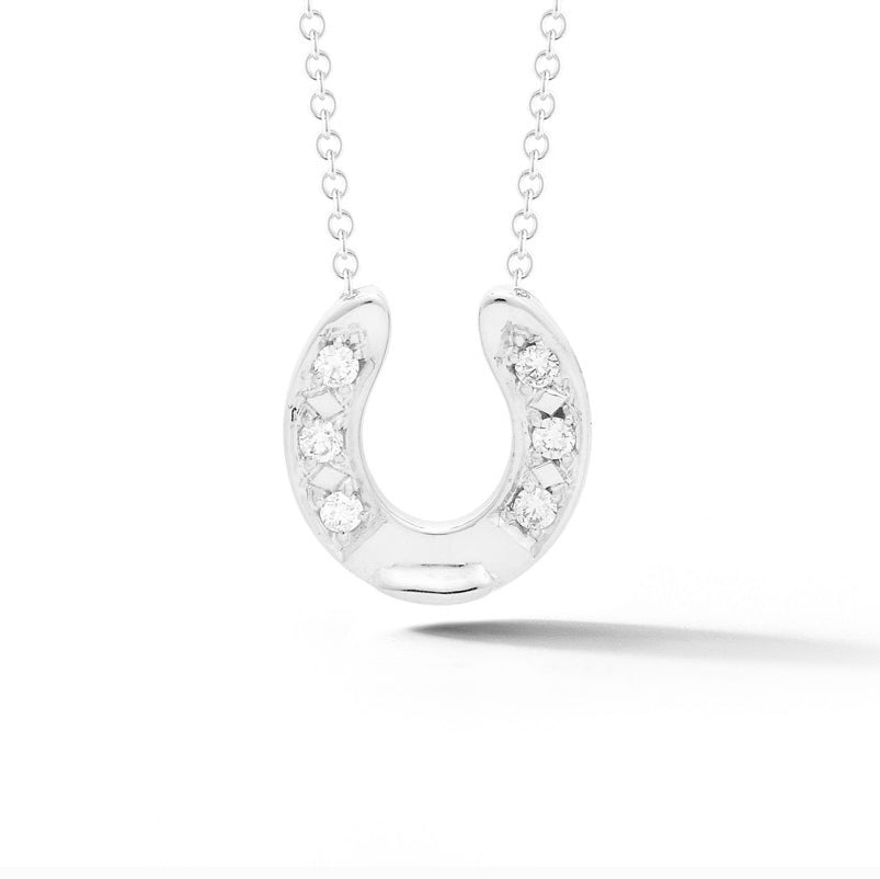 14k white gold diamond horseshoe pendant necklace with split chain from our exclusive Equestrian Collection