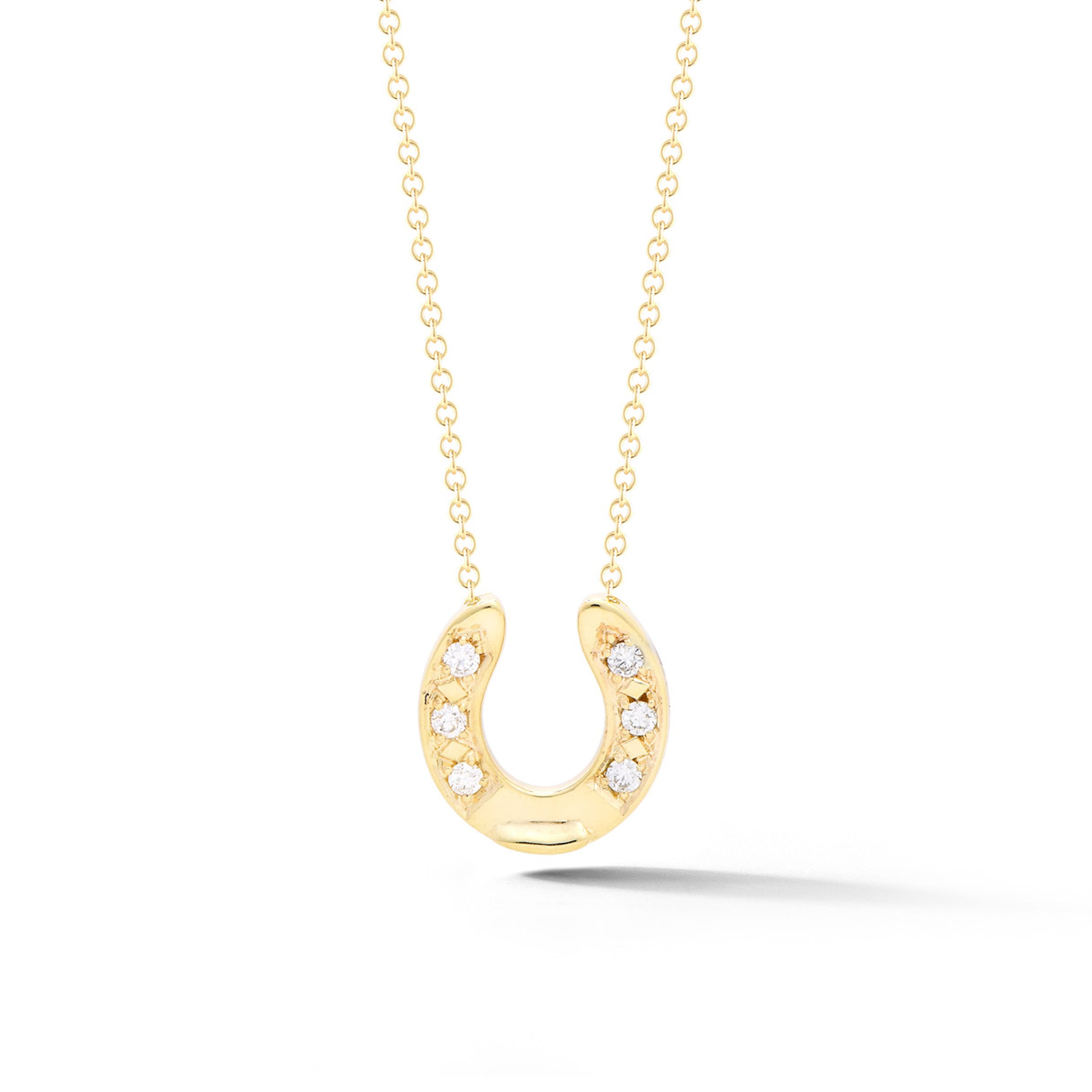 14k yellow gold diamond horseshoe pendant necklace with split chain from our exclusive Equestrian Collection