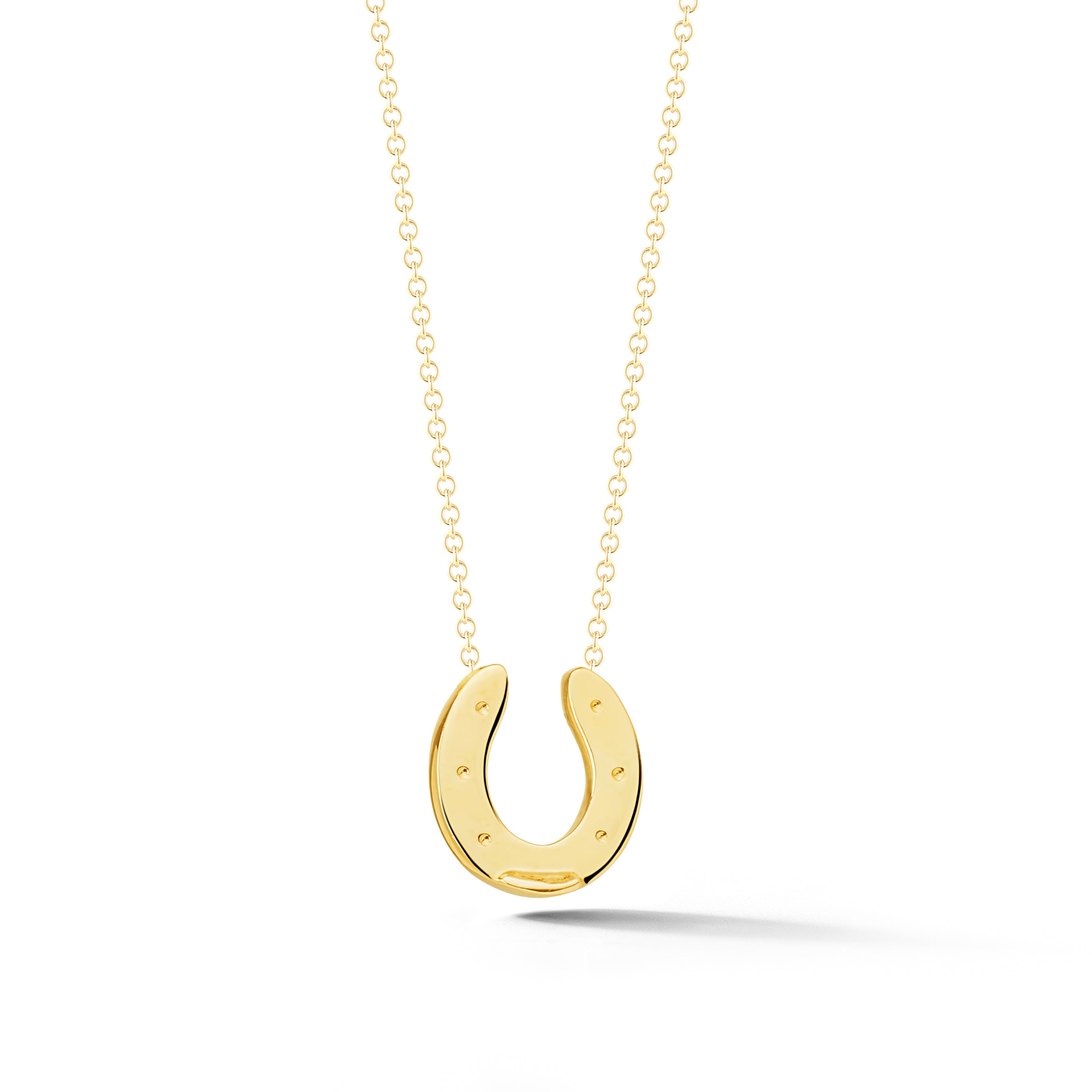 14k yellow gold horseshoe pendant necklace with nail detail on chain from our exclusive Equestrian Collection
