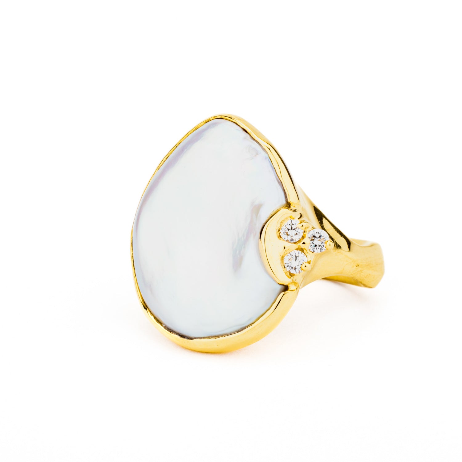 One of a kind freshwater keshi pearl ring with diamonds in 14k yellow gold
