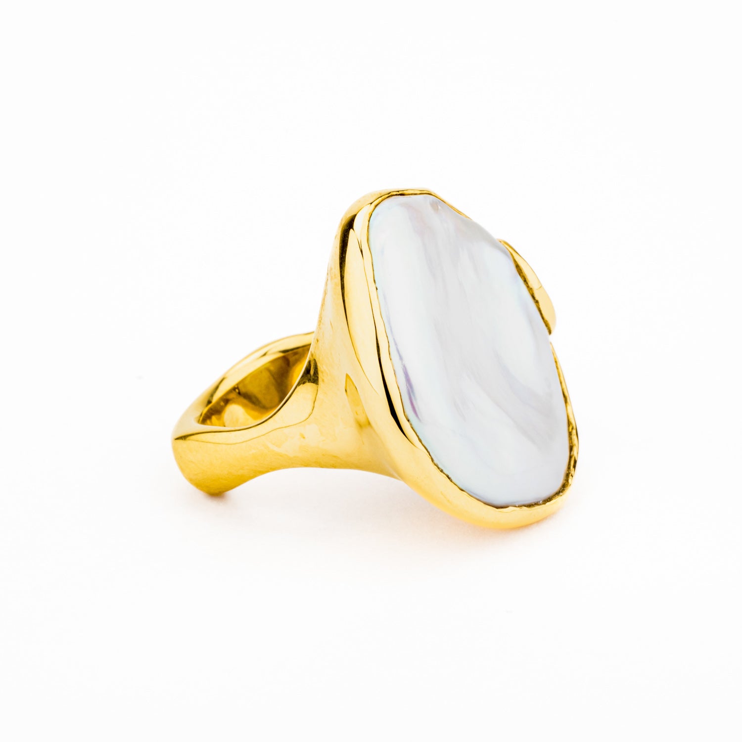 One of a kind freshwater keshi pearl ring with diamonds in 14k yellow gold