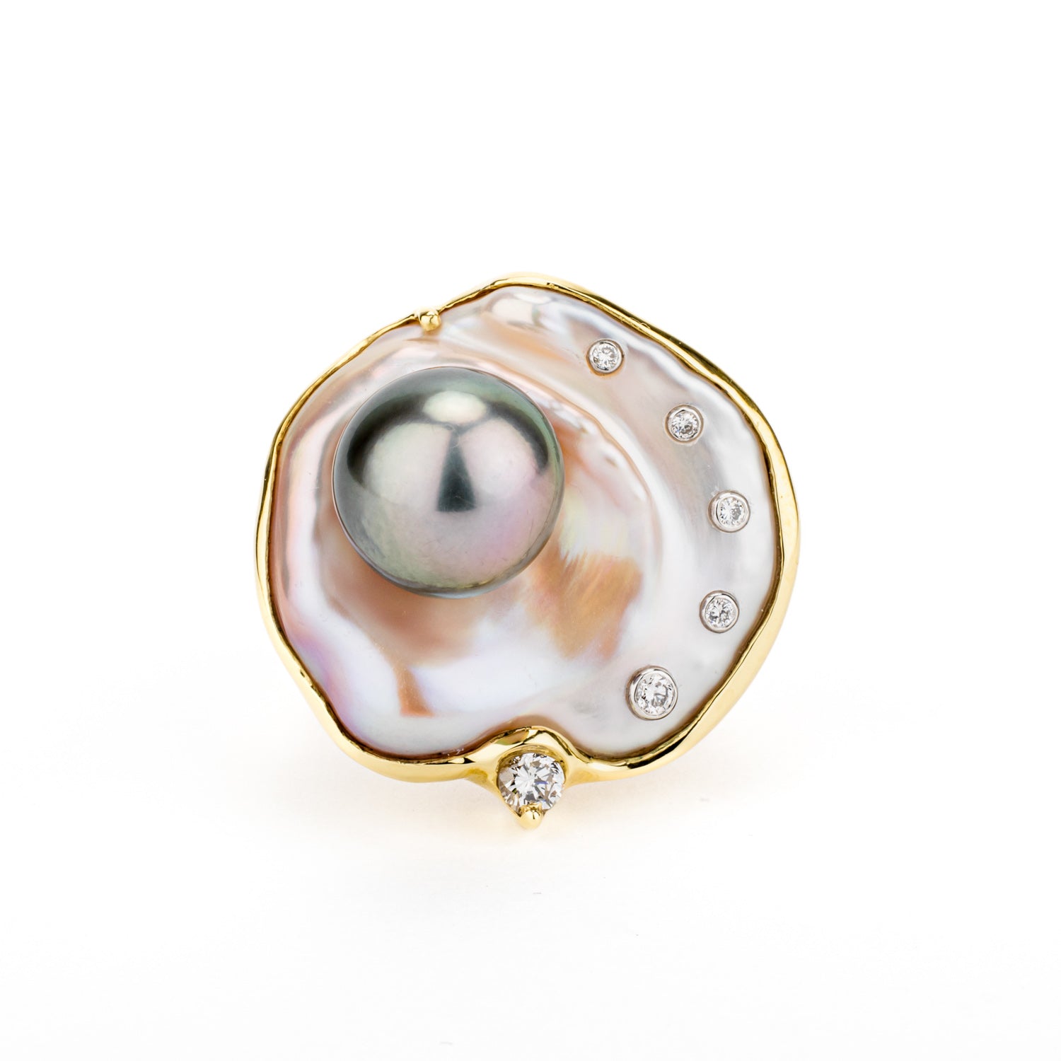 Tahitian pearl and keshi pearl cocktail ring with diamonds in 18k yellow gold