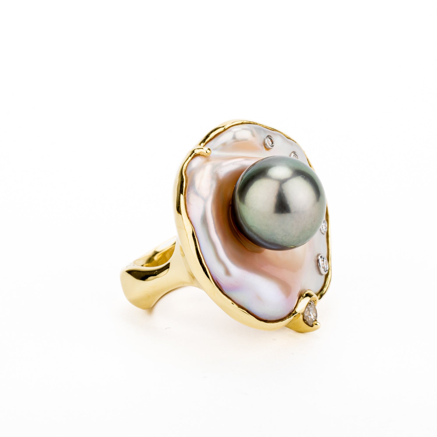 Tahitian pearl and keshi pearl cocktail ring with diamonds in 18k yellow gold