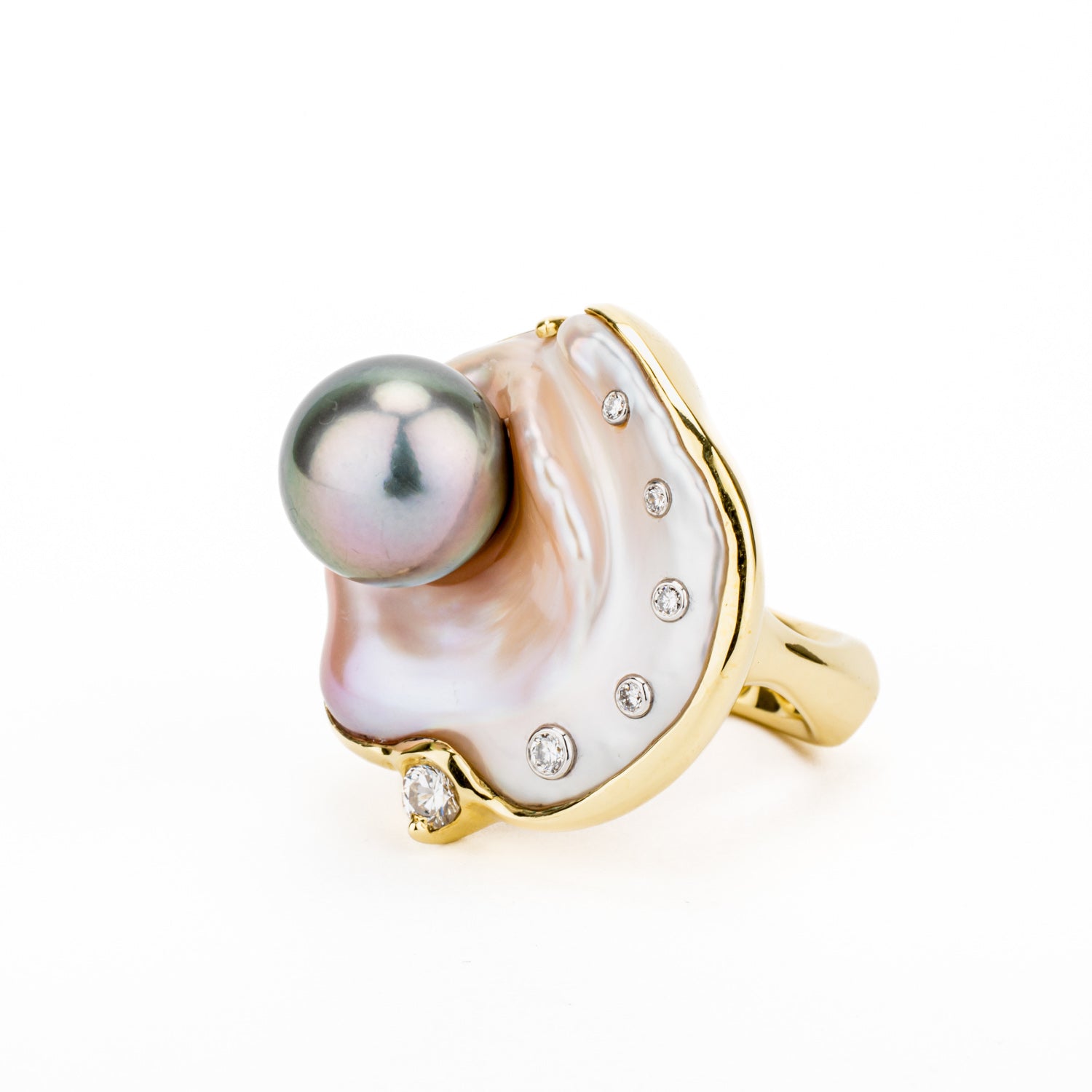 Tahitian pearl and keshi pearl cocktail ring with diamonds in 18k yellow gold