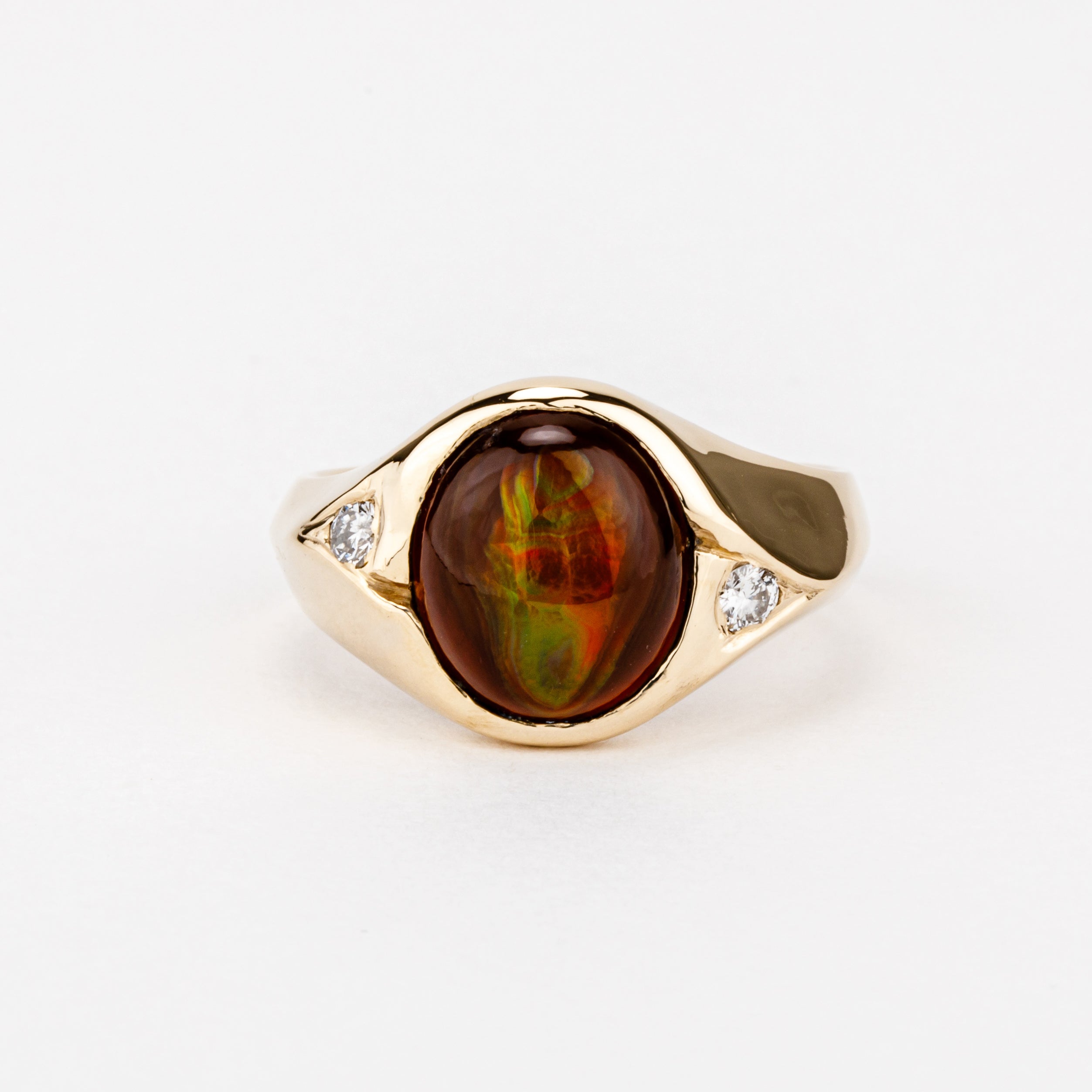 One of a kind fire agate and diamond ring in 14k yellow gold
