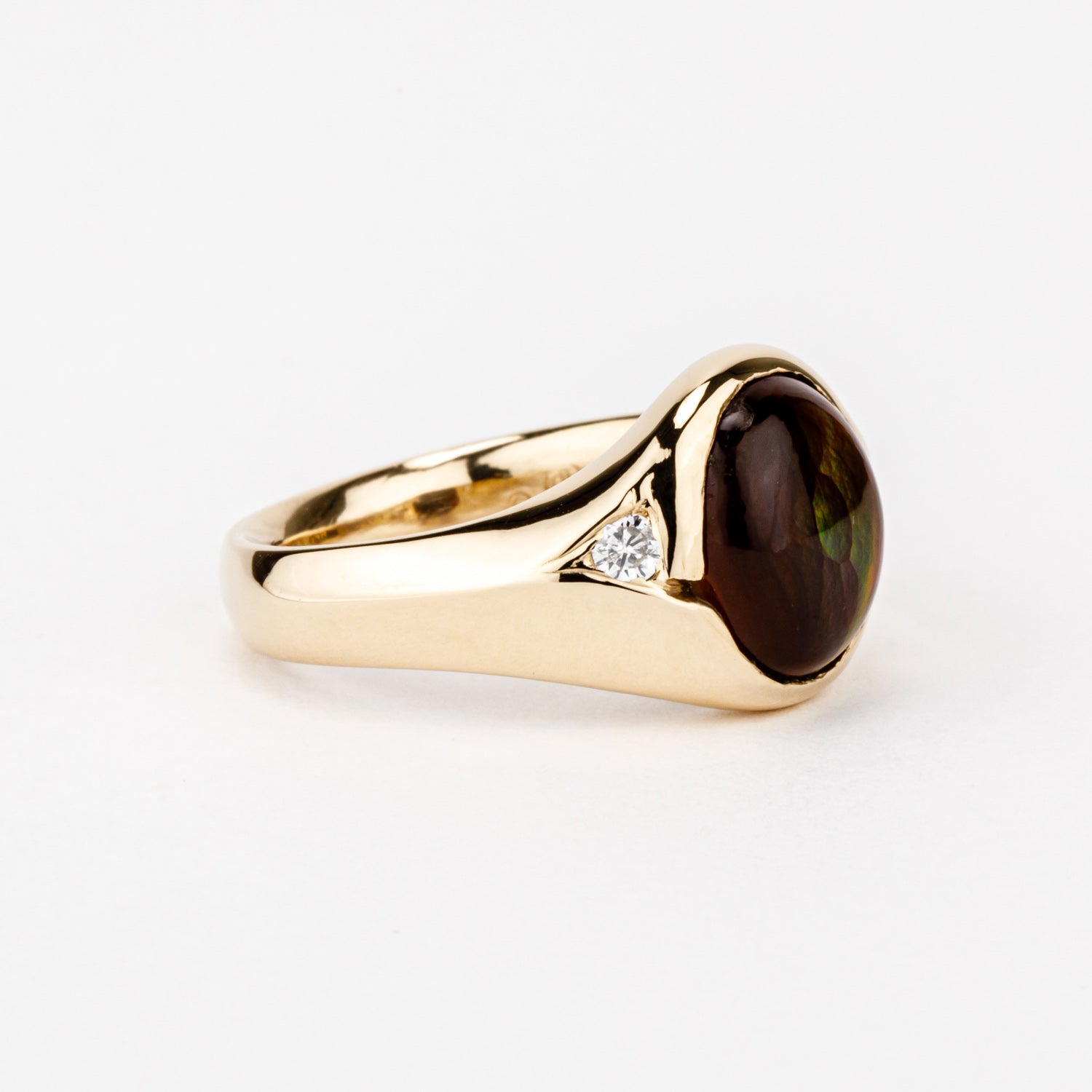 One of a kind fire agate and diamond ring in 14k yellow gold