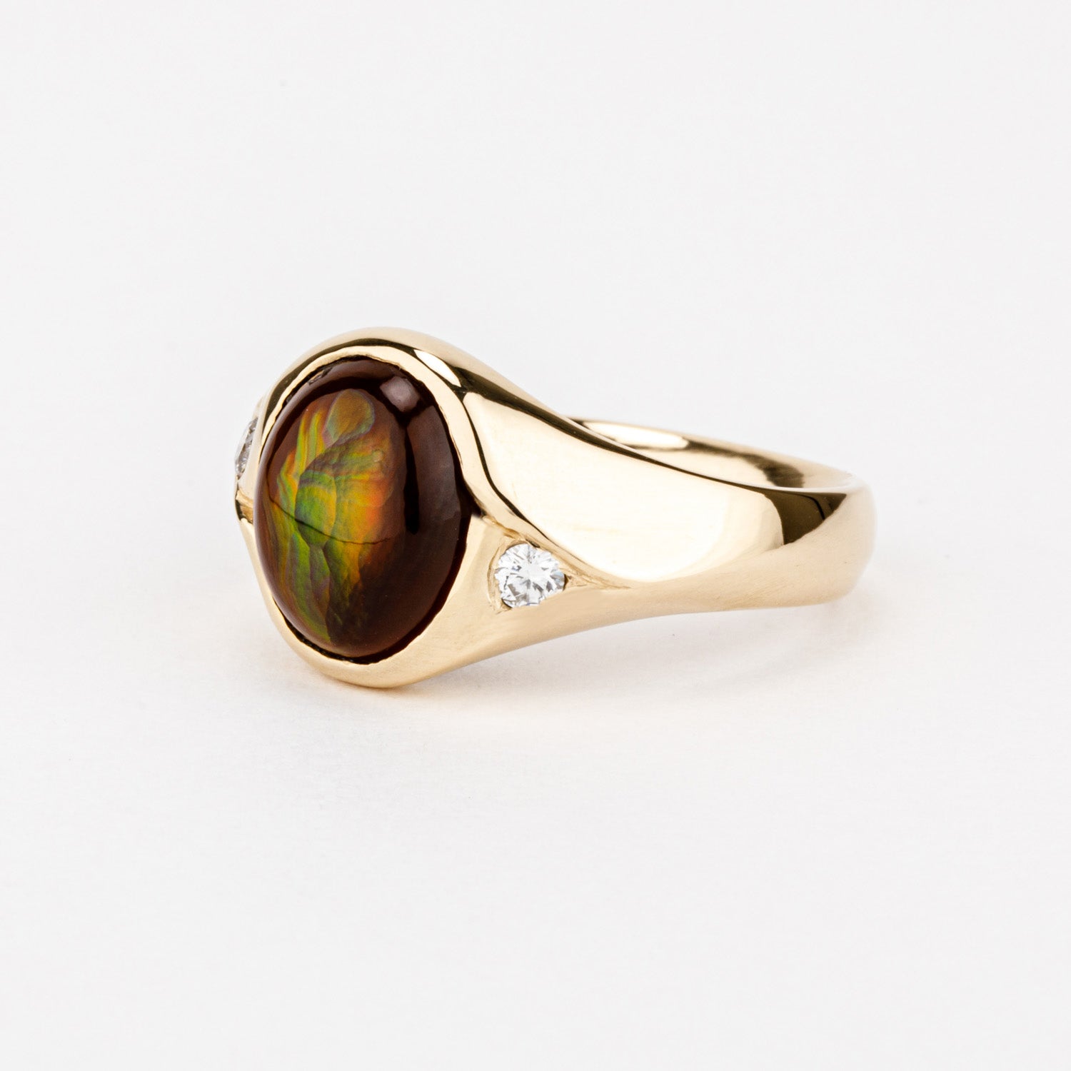 One of a kind fire agate and diamond ring in 14k yellow gold